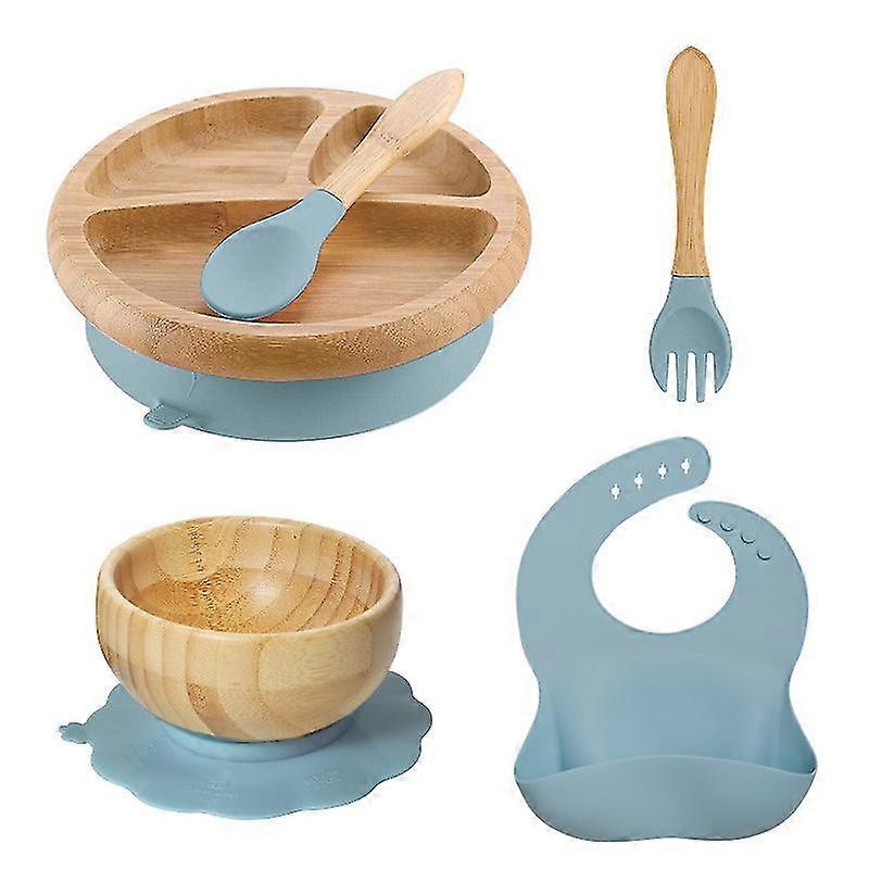 Tiny Dining Children's Bamboo Tableware Set - Plate Bowl Spoon With Stay Put Suction - Blue
