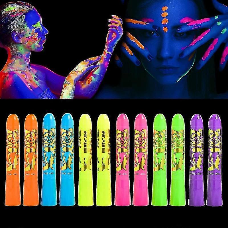 12 Pcs Glow In The Black Light Body Face Paint, Uv Crayons Kit Fluorescent Body Paints
