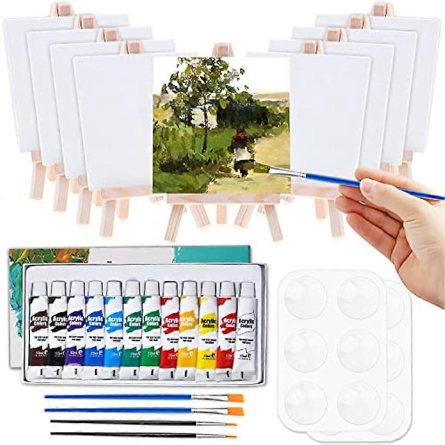 Mini Canvas and Easel, 47 Pieces Mini Canvas Painting Set Includes 4x4 Inches Primed Canvas, Mini Easel, Acrylic Paint, Paintbrushes and Palette for K