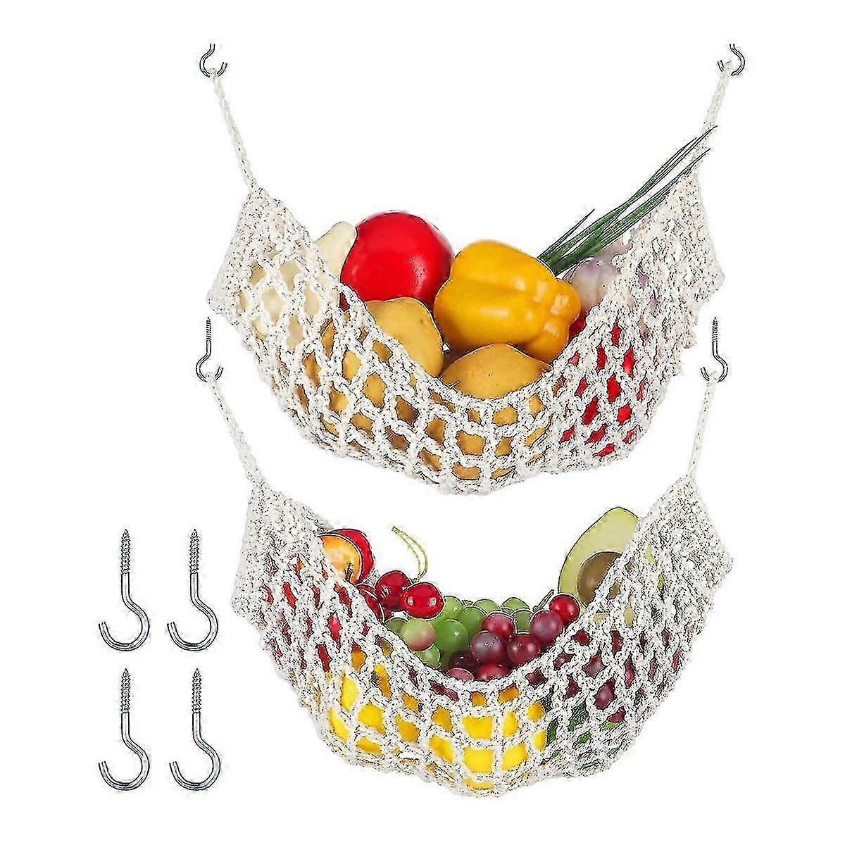 2 Pcs Macrame Fruit Hammock For Kitchen Under Cabinet Hanging Fruit Baskets Handwoven Decorative Fruit Net Bag
