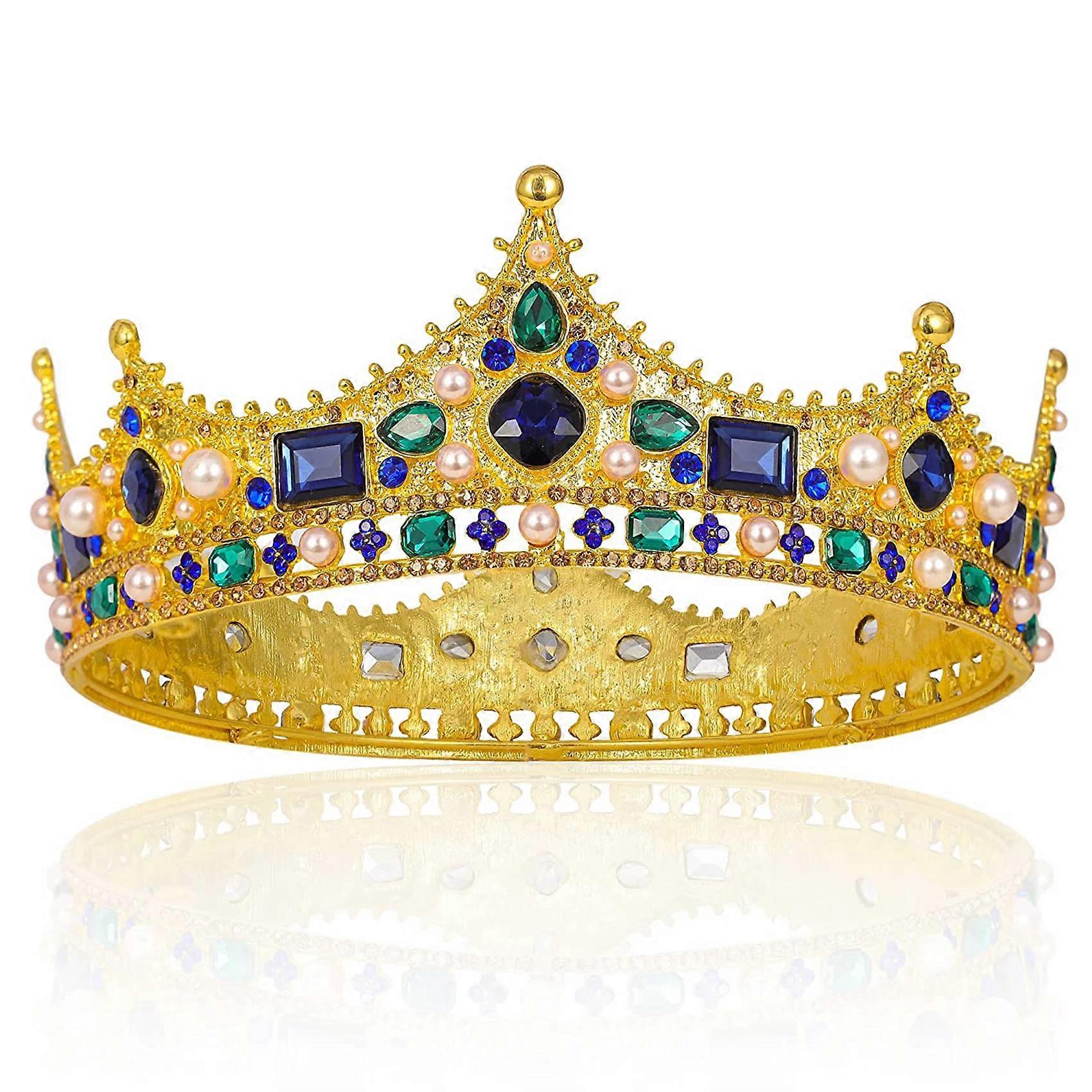 Gold King Crowns for Men - Baroque Vintage Rhinestone Crystal Crown, Men'S Full Crown for Theater P