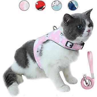 Ensemble de laisse et de harnais pour chat anti-évasion, gilet réfléchissant pour animaux de compagnie respirant en maille douce réglable avec carte anti-perte innovante (S, rose)