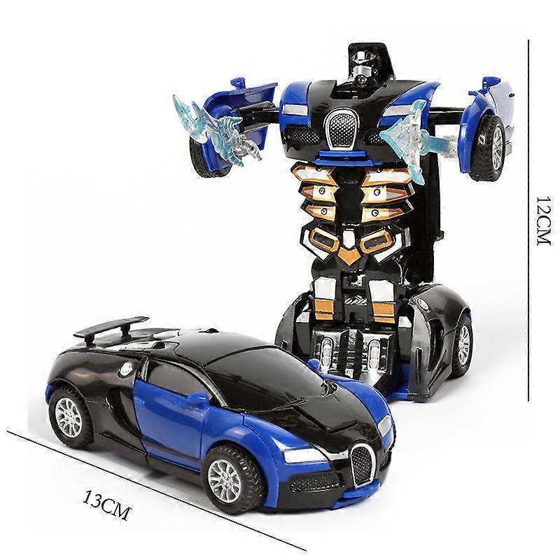 (Two Pieces) Collision Deformation Toy Car Autobot Robot Inertia Impact One Button Deformation Car Boy Gift (Bugatti Blue-Color Box)