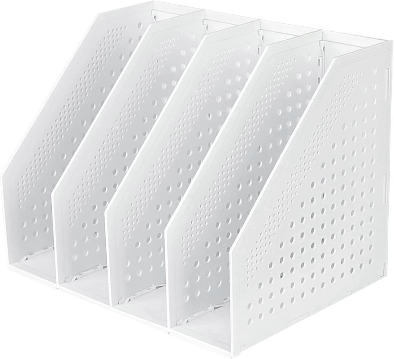 Foldable Magazine Rack 4 Compartments Adjustable Storage Box Document Holder File Locker Storage(White)