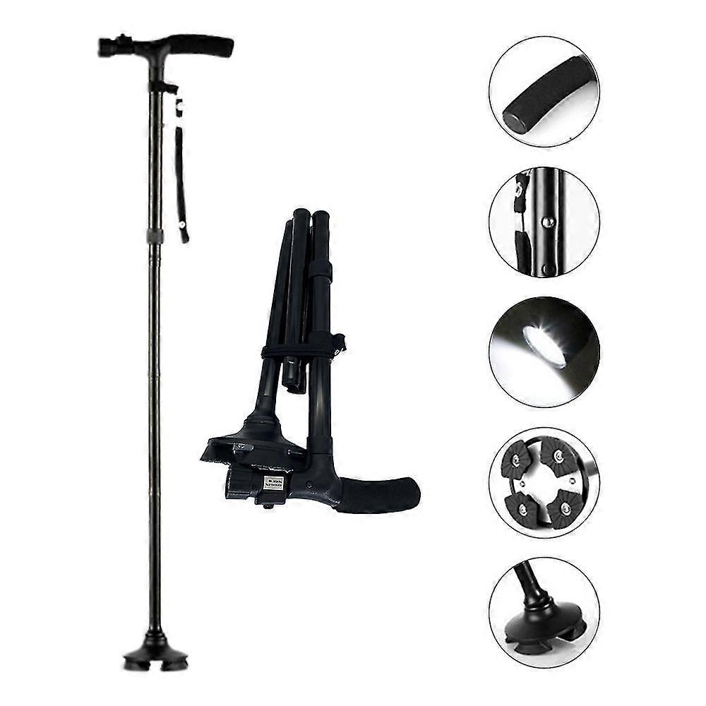 Folding Walking Cane Stick Led Light Adjustable Height Hiking Climbing