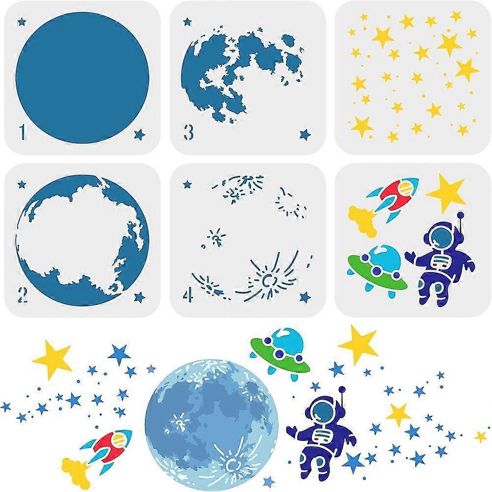 1Set 6 Pcs Layered Space Theme Stencil 15x15cm Moon Earth Painting Template Plastic Astronaut Rocket Spaceship Patterns Stencils Reusable Moon Stars S
