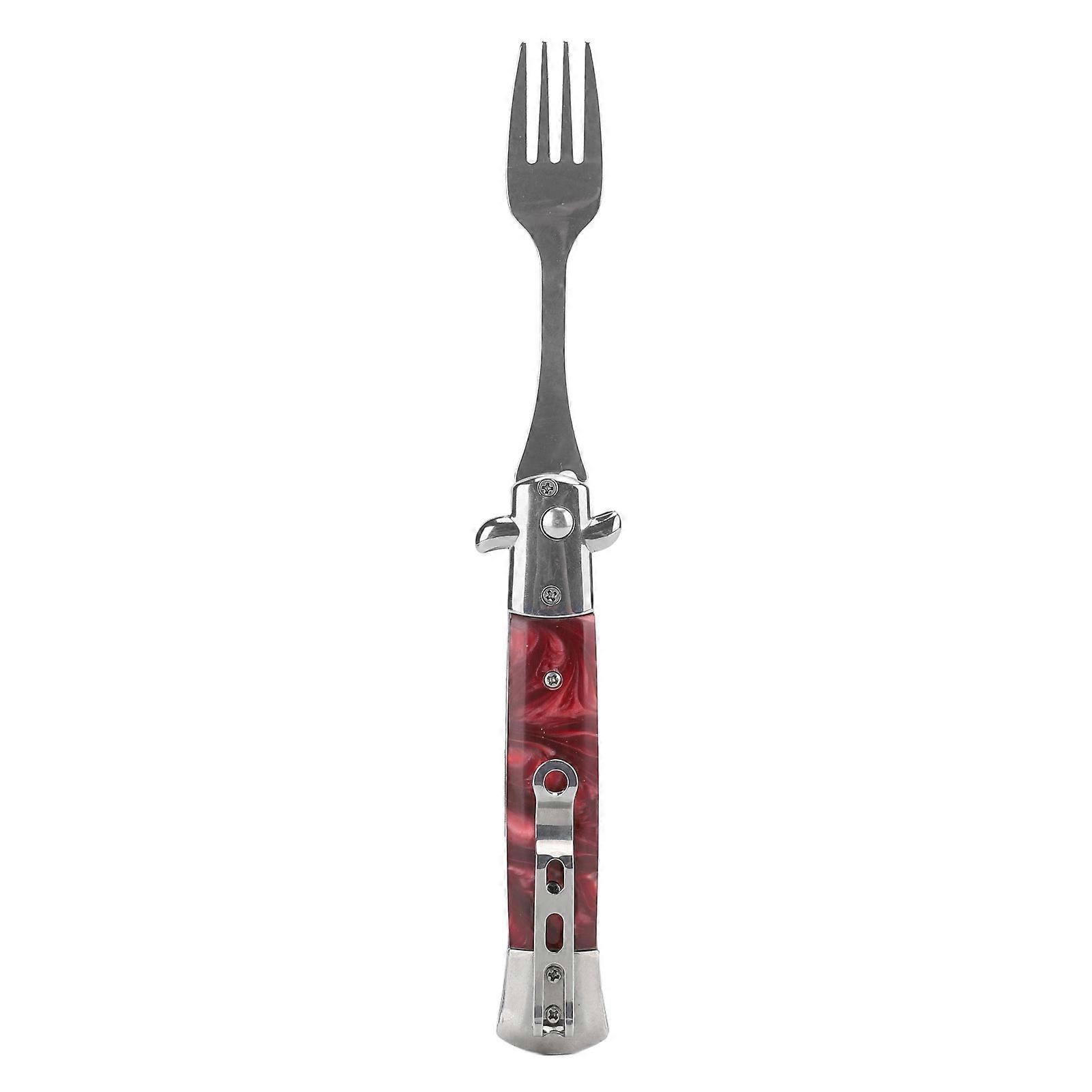 Folding Spring Camping Fork One Button Flick 304 Stainless Steel Pocket Size Automatic Spring Utensils Fork Red