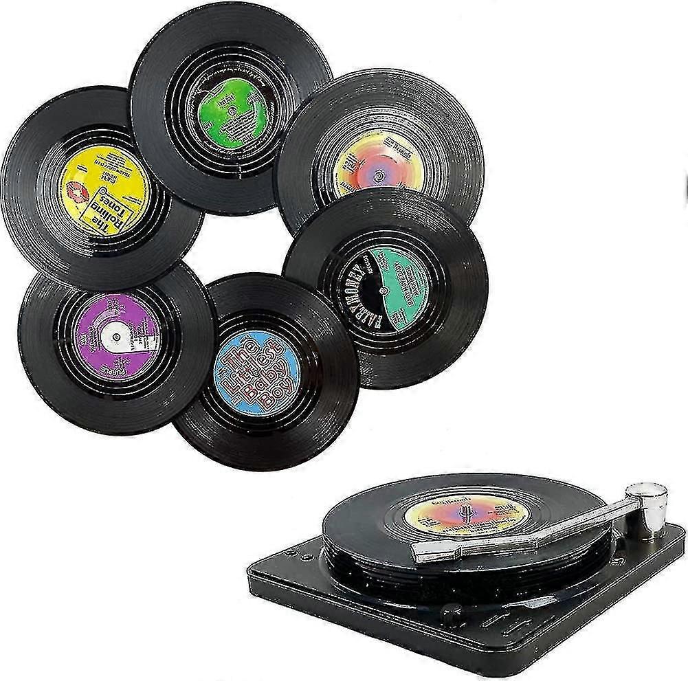 ビニールレコードプレーヤーホルダー付きの音楽コースター、音楽愛好家のための6ドリンクコースターのセット