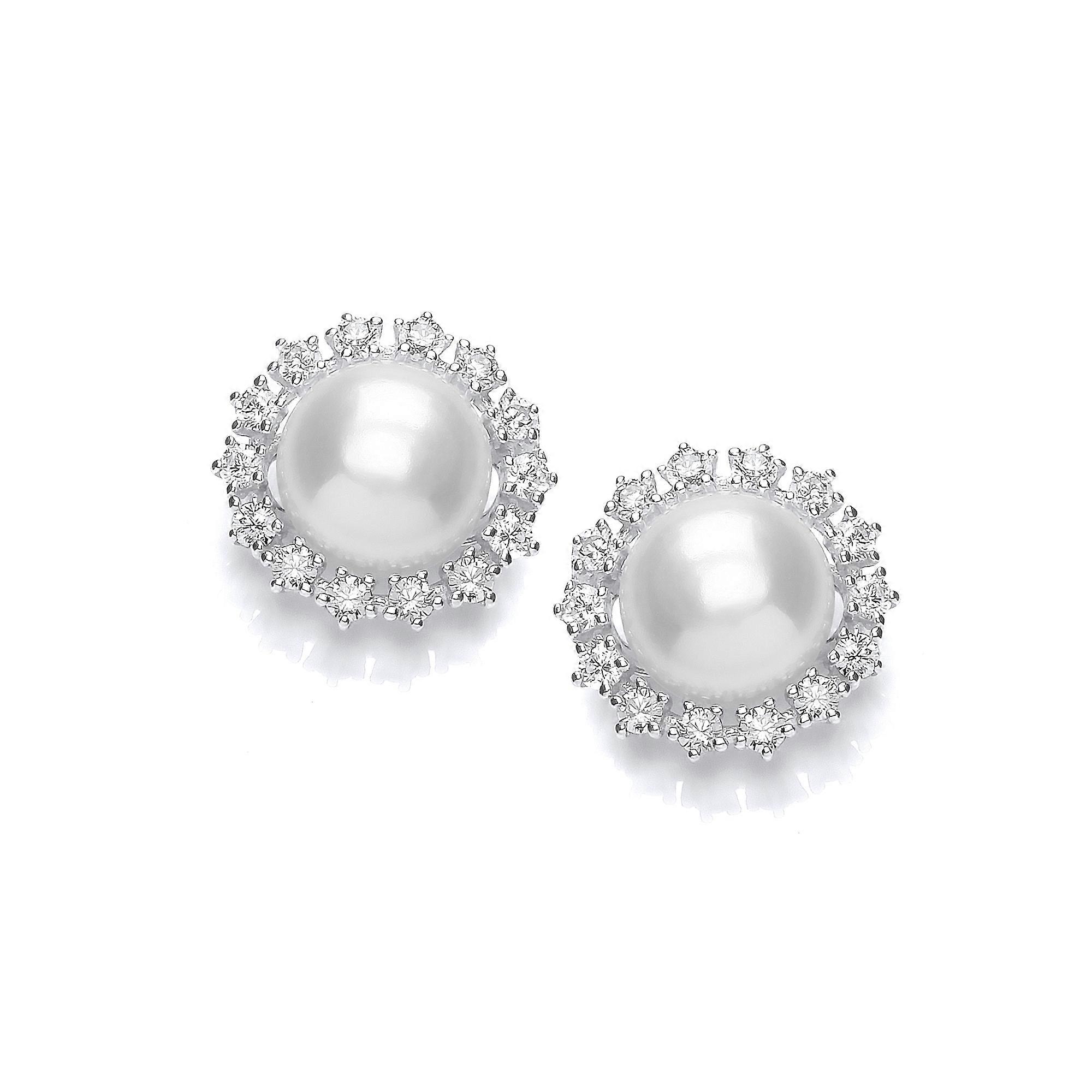 Jewelco London Ladies Sterling Silver Cubic Zirconia & Freshwater Cultured Pearl Sunflower Cluster Stud Earrings 9mm