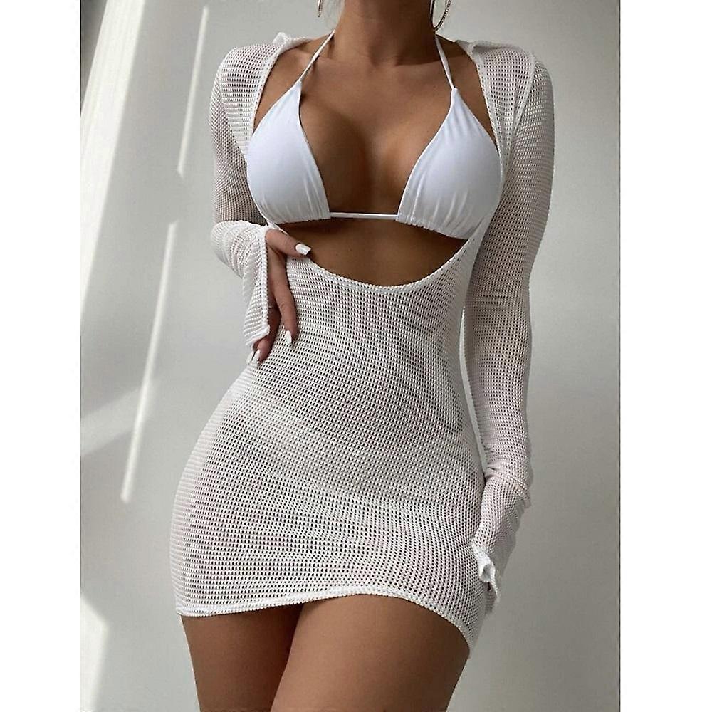 Three Pieces Bikini Sets For Women Padded Push Up Bra+Shorts+Long Sleeve Pullover Cover Ups Ladies Beach Bathing Suits Swimsuits