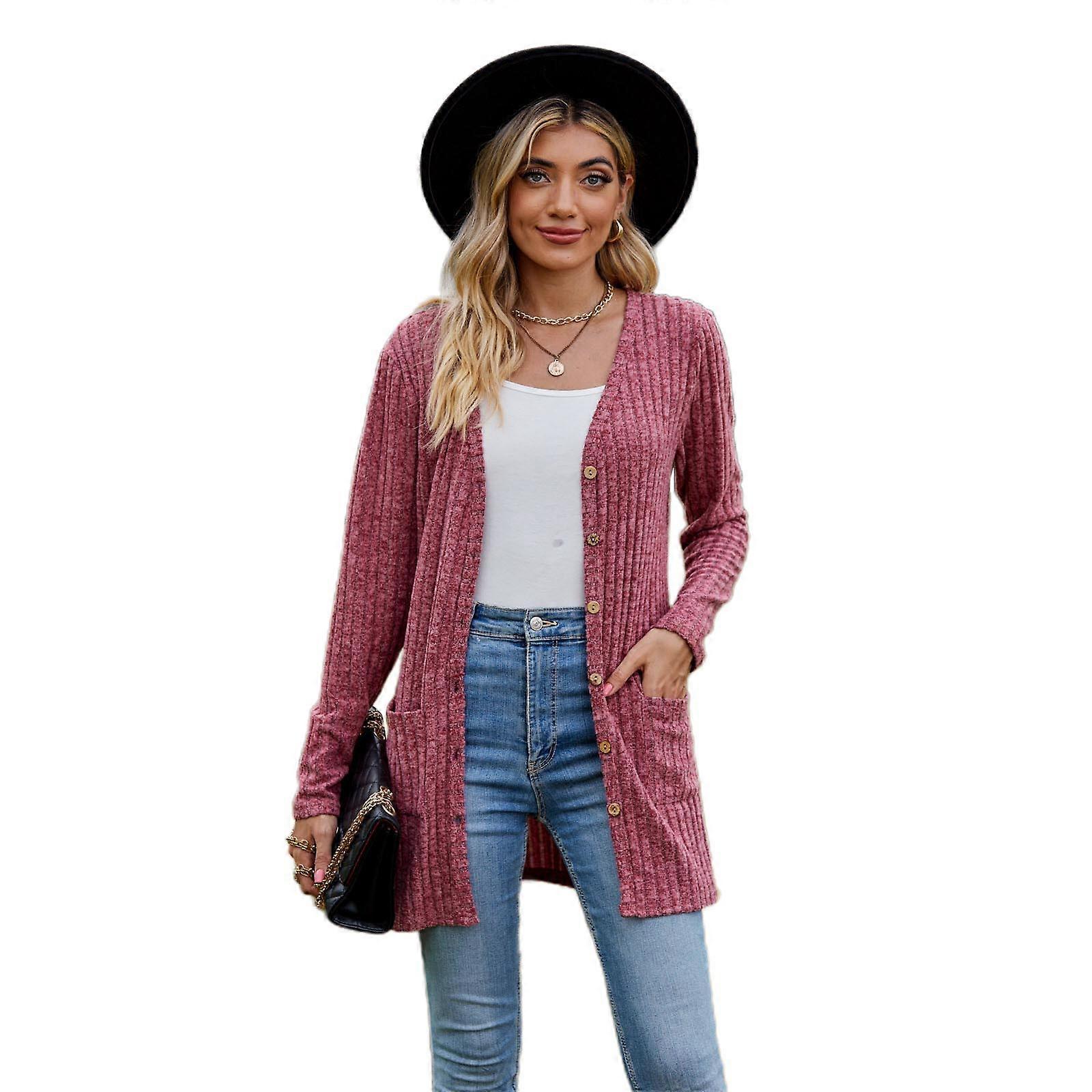 Stylish and Comfortable Ladies' Open Front Sweater with Pocket Long Sleeves Button Down Tops Burgundy XL
