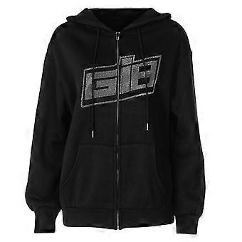 Mulheres Outono Harajuku Manga Longa Hoodies para Jaqueta Brilhante para Letras de Strass Zip Up Moletom Casaco Oversized Solto com Bolsos Branco M