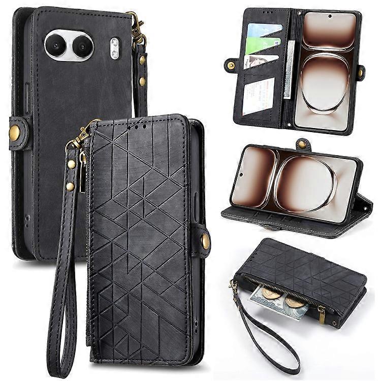 Compatible For OnePlus Nord 4 Zipper Wallet Case Geometry Lines Leather Phone Cover with Strap