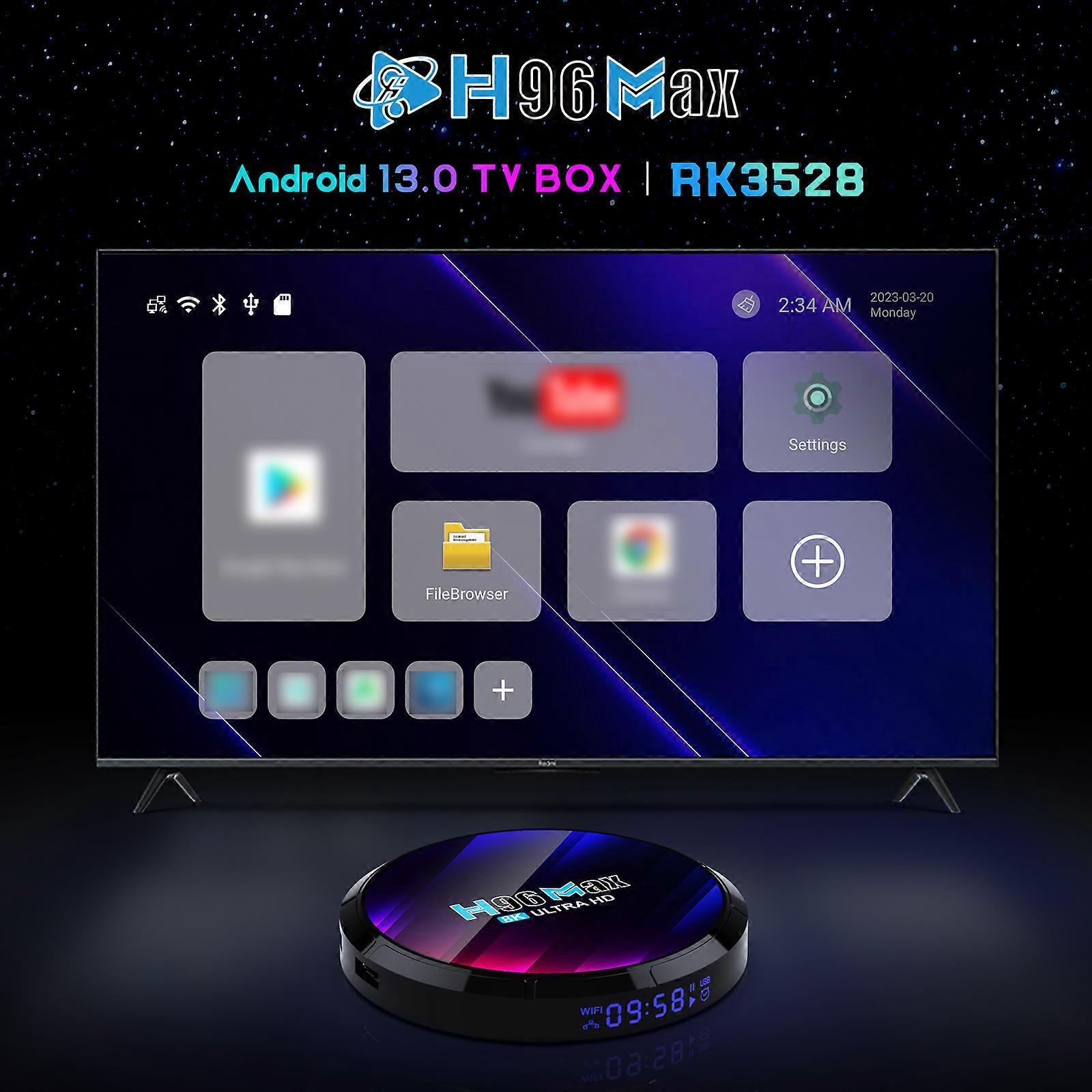 H96Max Android 13.0 Smart TV Box RK3528 Quad-core UHD 4K Media Player H.265 8K Decoding HDR10+ 2.4G/5G WiFi6 BT5.0 2GB+16GB with Remote Control LED D