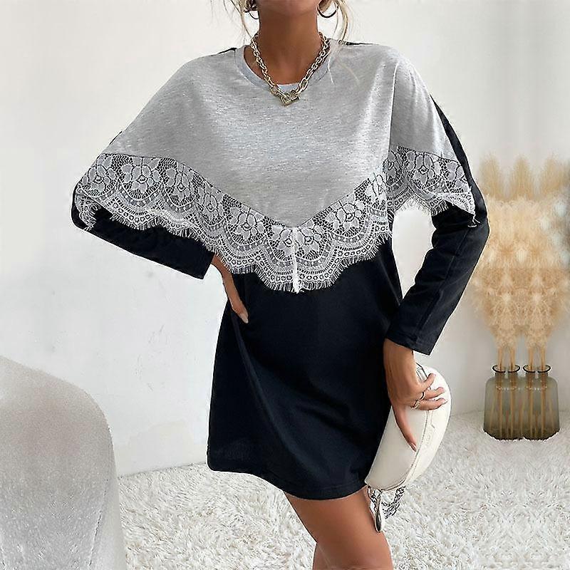 Casual Comfort and Versatility Apparel Round Neck Pullover Floral Lace Splicing Sweatshirt Dresses