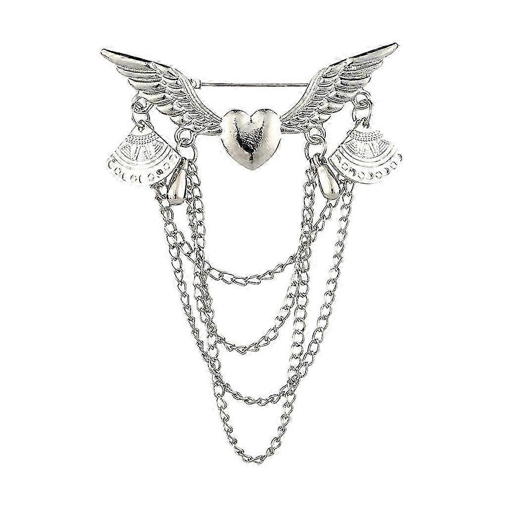 Mens Wings Chain Brooch Badge Pins Collar with Rhinestone Diamond Silver