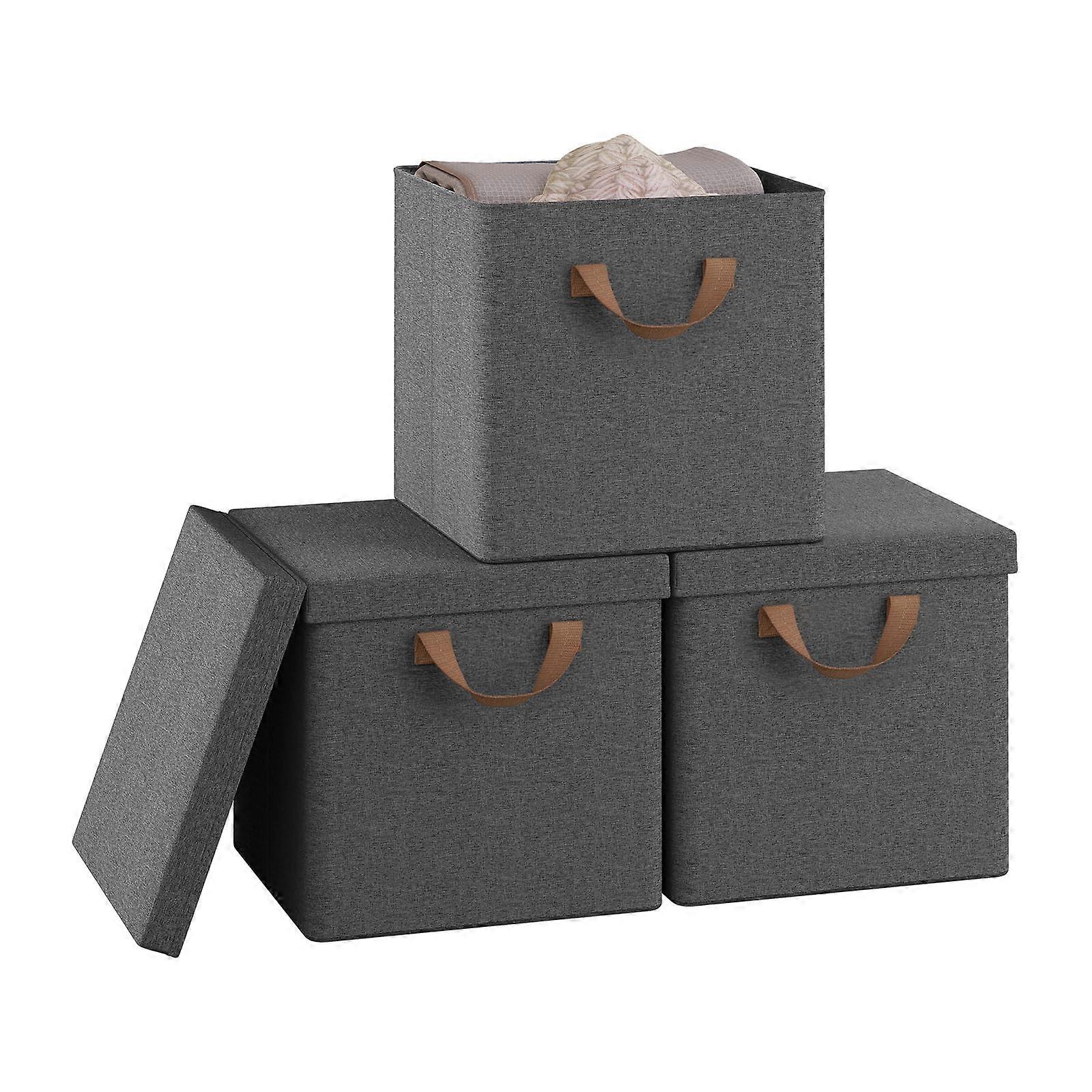 Storage Cube Fabric Box - Foldable Storage Box Pack of 3 with Lid and Metal Frame, 30 x 30 x 29 cm, Grey, 26L for Living Room and Bedroom