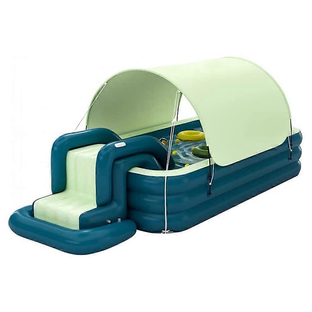 Inflatable Pool With Canopy, Portable Aboveground Family Garden Pool, 3m Diameter, Water Slide, Green