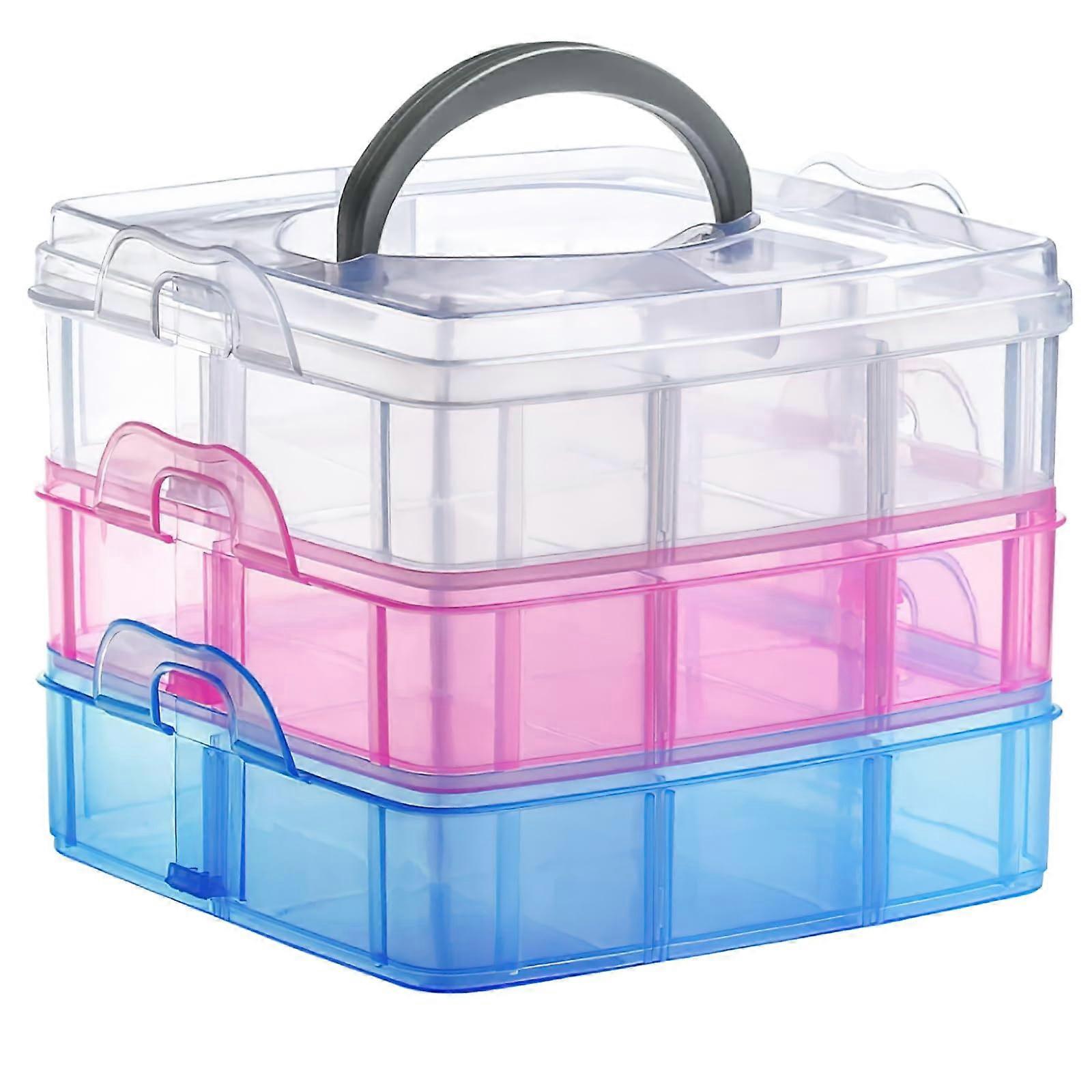 3Tier Storage Box with Compartments, Stackable, Transparent, Adjustable with Carry Handle