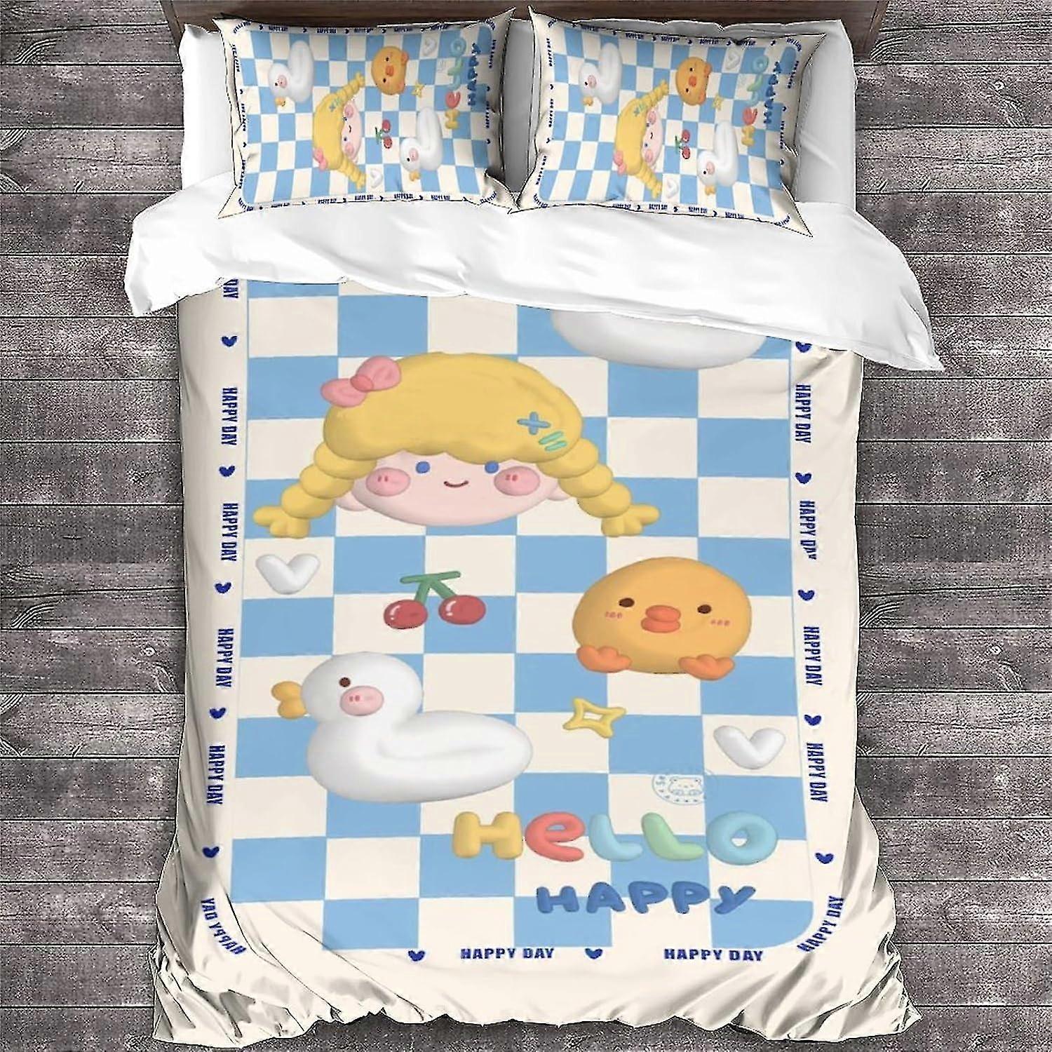 Duck Duvet Cover Double Cartoon Pattern Bedding Set Soft Lightweight Microfiber Quilt Cover with Zipper Closure King