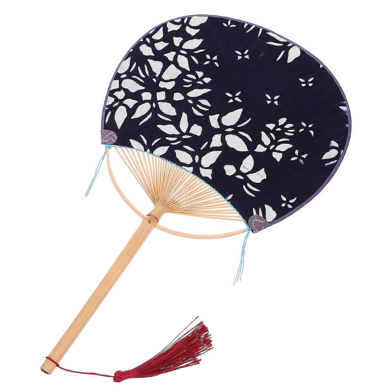 Japanese Style Round Double Sided Cloth Fan with Bamboo Handle and Tassel Navy Fabric with Assorted Patterns for Weddings, Decorations, and