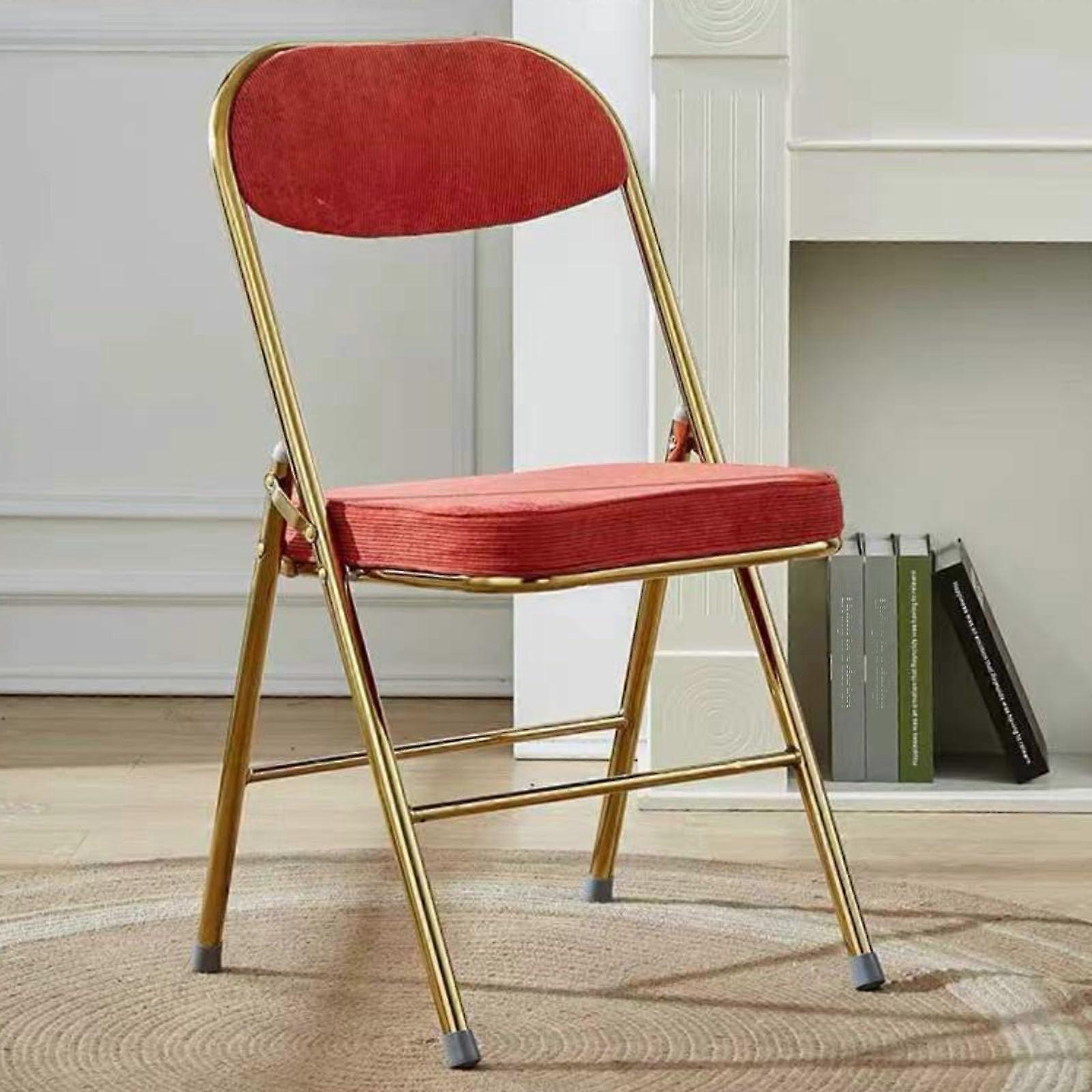 Retro Folding Chair With Cord Upholstery, Padded Seats, Stackable Commercial Dining Chair With Backrest, Red Gold