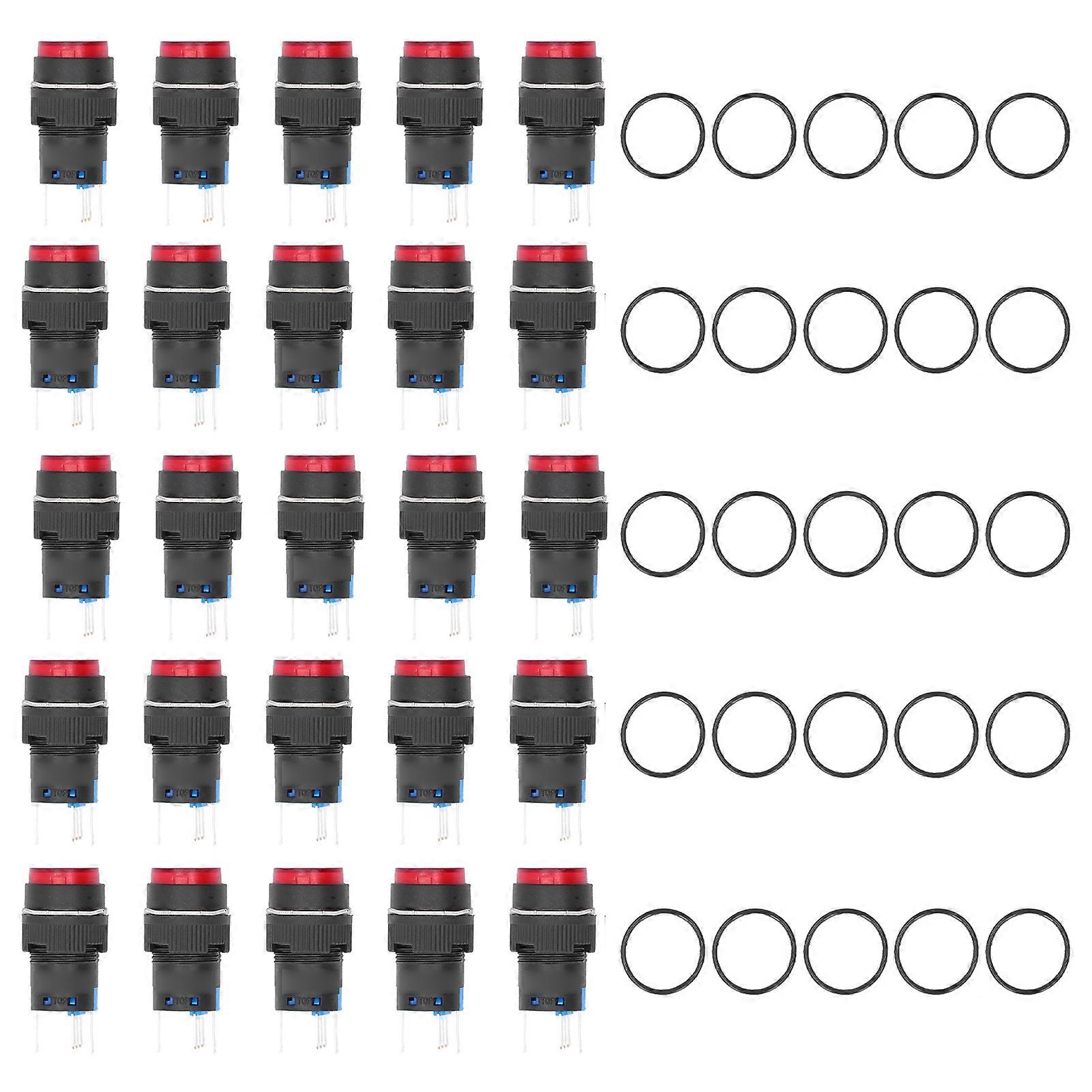 25Pcs Button Switch Momentary Self Locking 5 Pin 16mm with Light 24V Set Kit for EquipmentRed