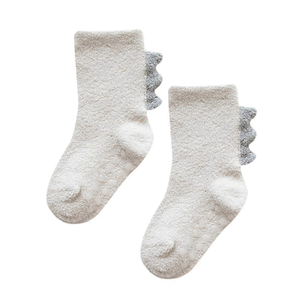 Keep Warm Breathable Baby Socks Dinosaur Design Thicken Coral Fleece White Size S 1 Pair