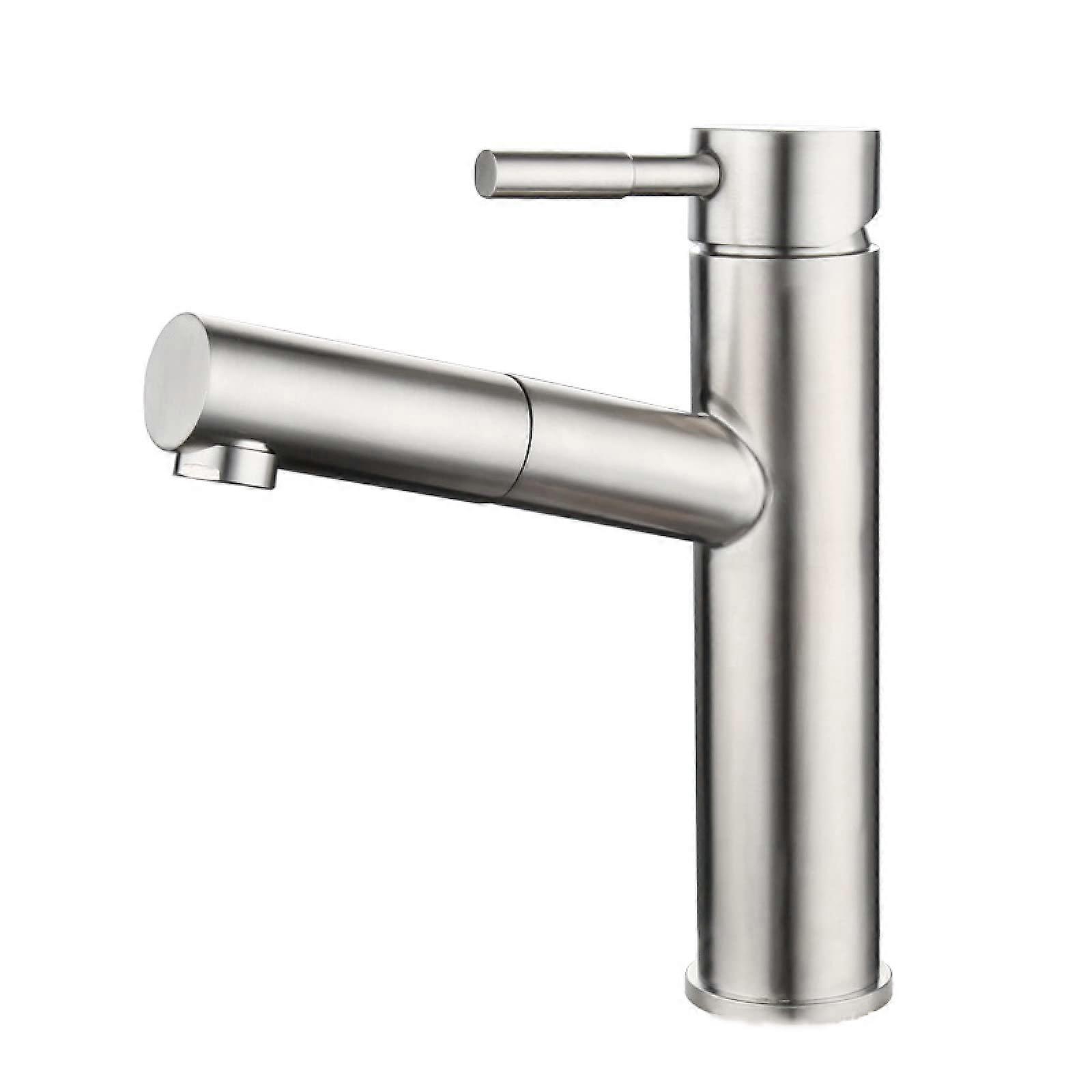 Wallmounted basin mixer tap with pullout spray in brushed stainless steel, 360° swivel singlelever basin mixer tap