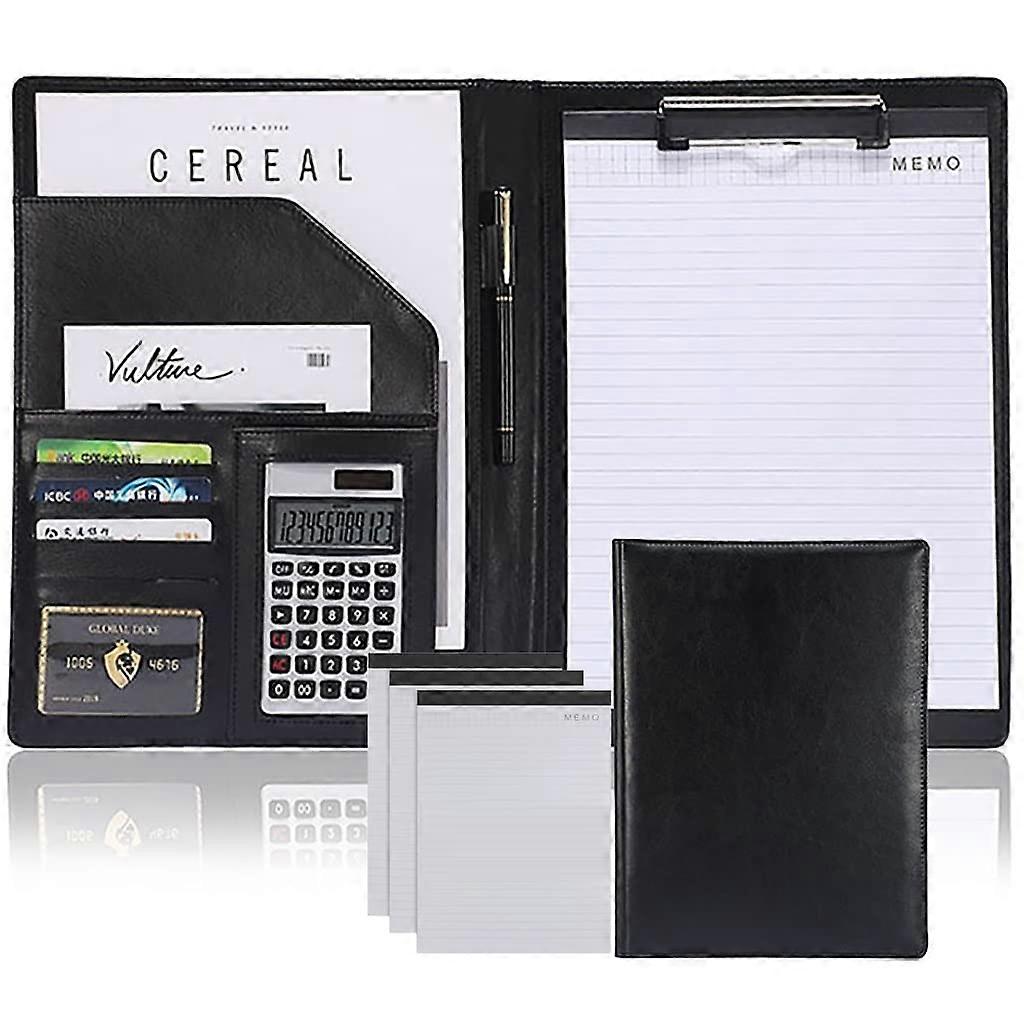 A4 Leather Writing Case Conference Folder PU Leather Portfolio with Clipboard and Receipt Sleeve, Black Document Organizer