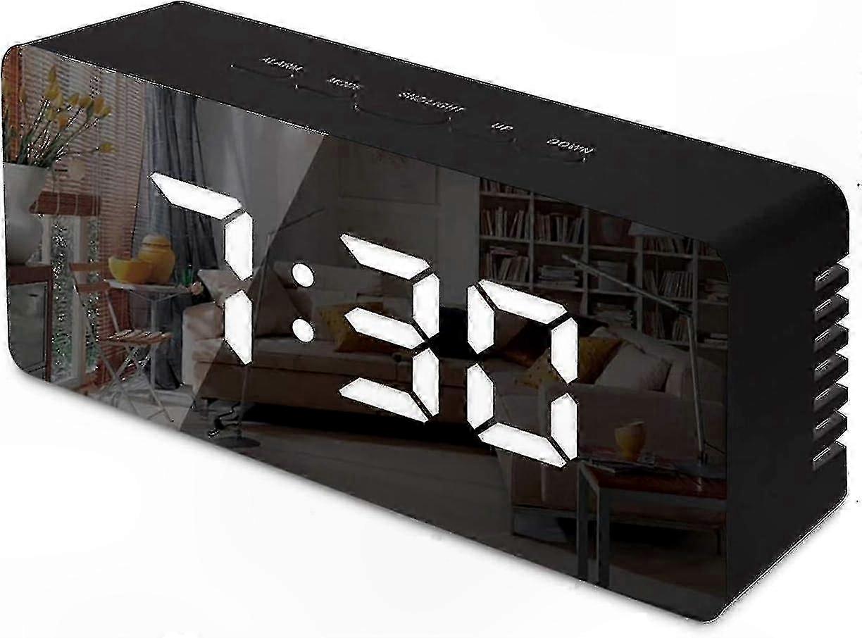 LED Alarm Clock with Mirror Display, Temperature Sensor, and Adjustable Brightness for Bedroom or Office Use