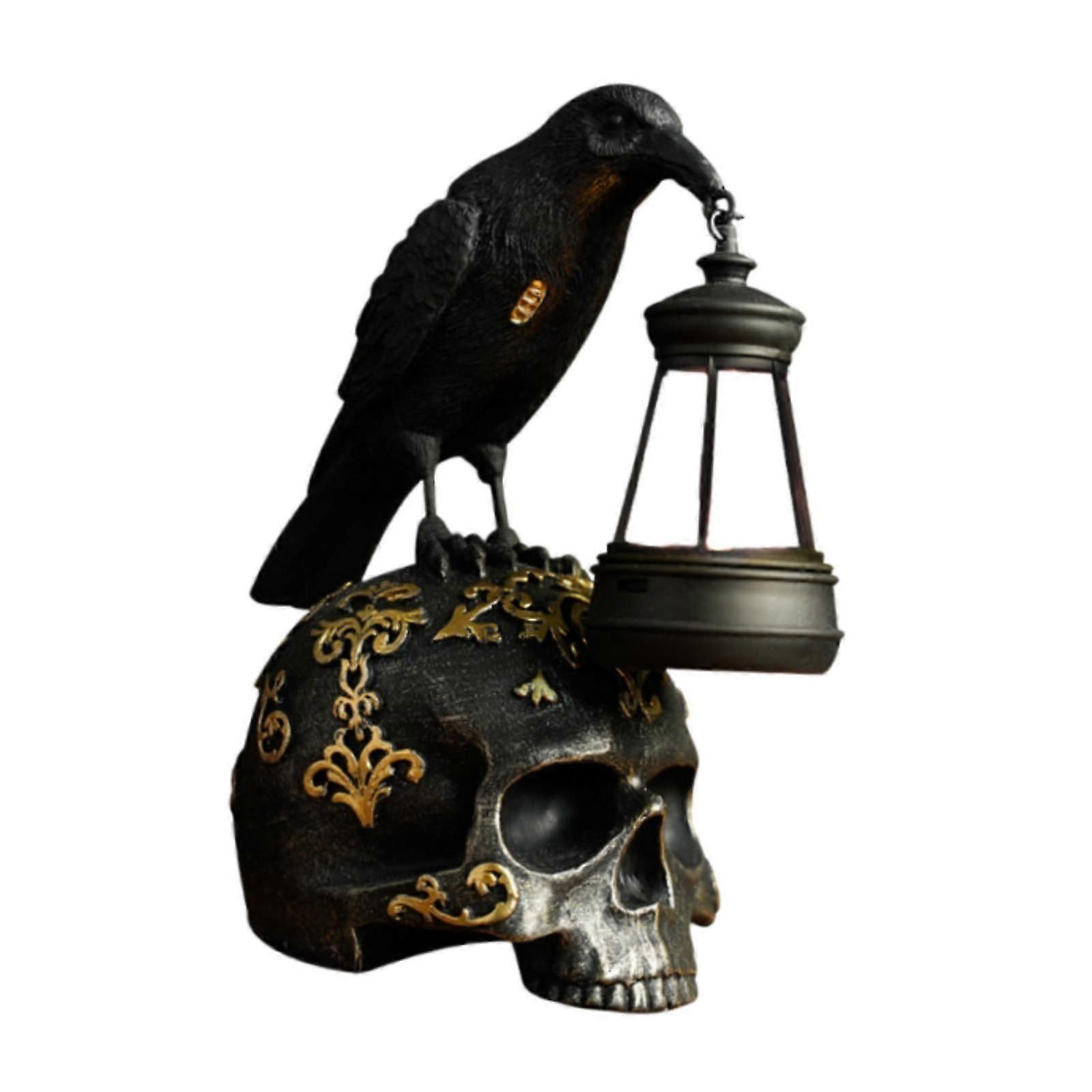 Raven on Skull Lamp Desk Ornament Raven Skull Decor for Desk Festival Garden