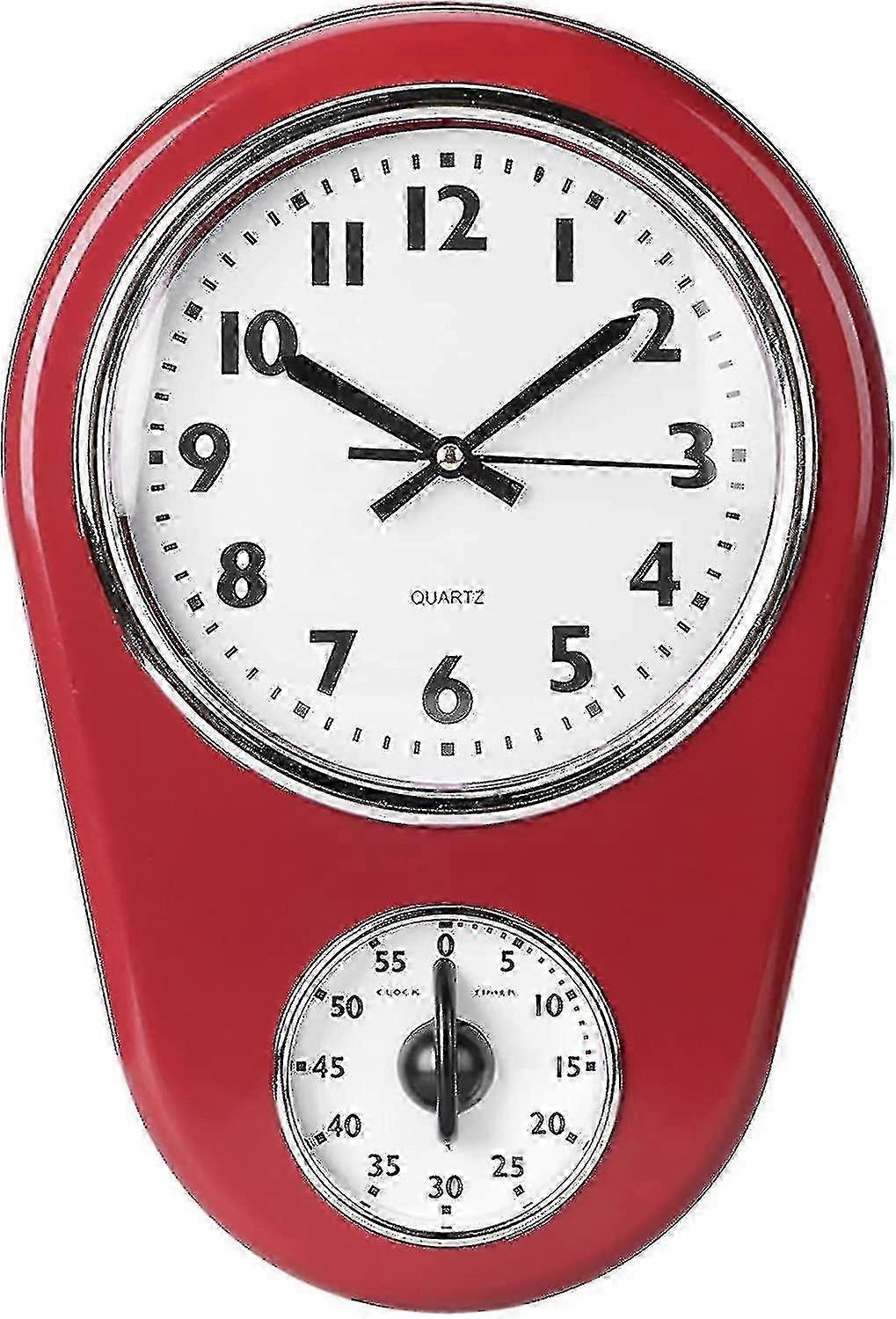 Retro kök timer väggklocka, röd vintage tyst hem timer