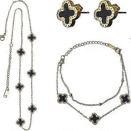 סט תכשיטי תלתן ארבעה עלים שרשרת תלתן + צמידי תלתן + עגילי תלתן 18 קראט מצופה זהב ערכות תלתן מזל לנשים בנות אישה חברה V