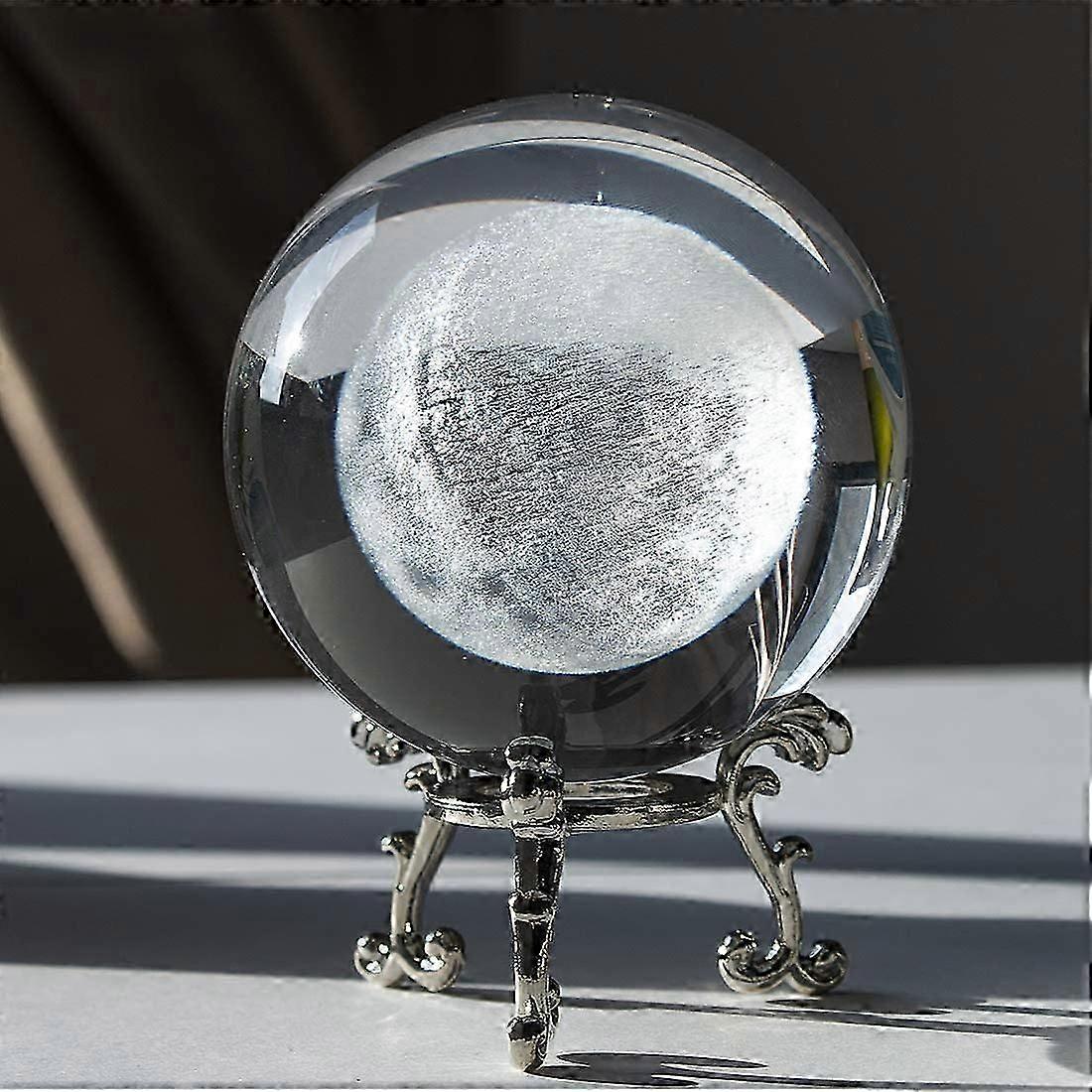 80mm 3D Laser Gifts Moon Crystal Glass Ball with Metal Stand Home Decoration Paperweight
