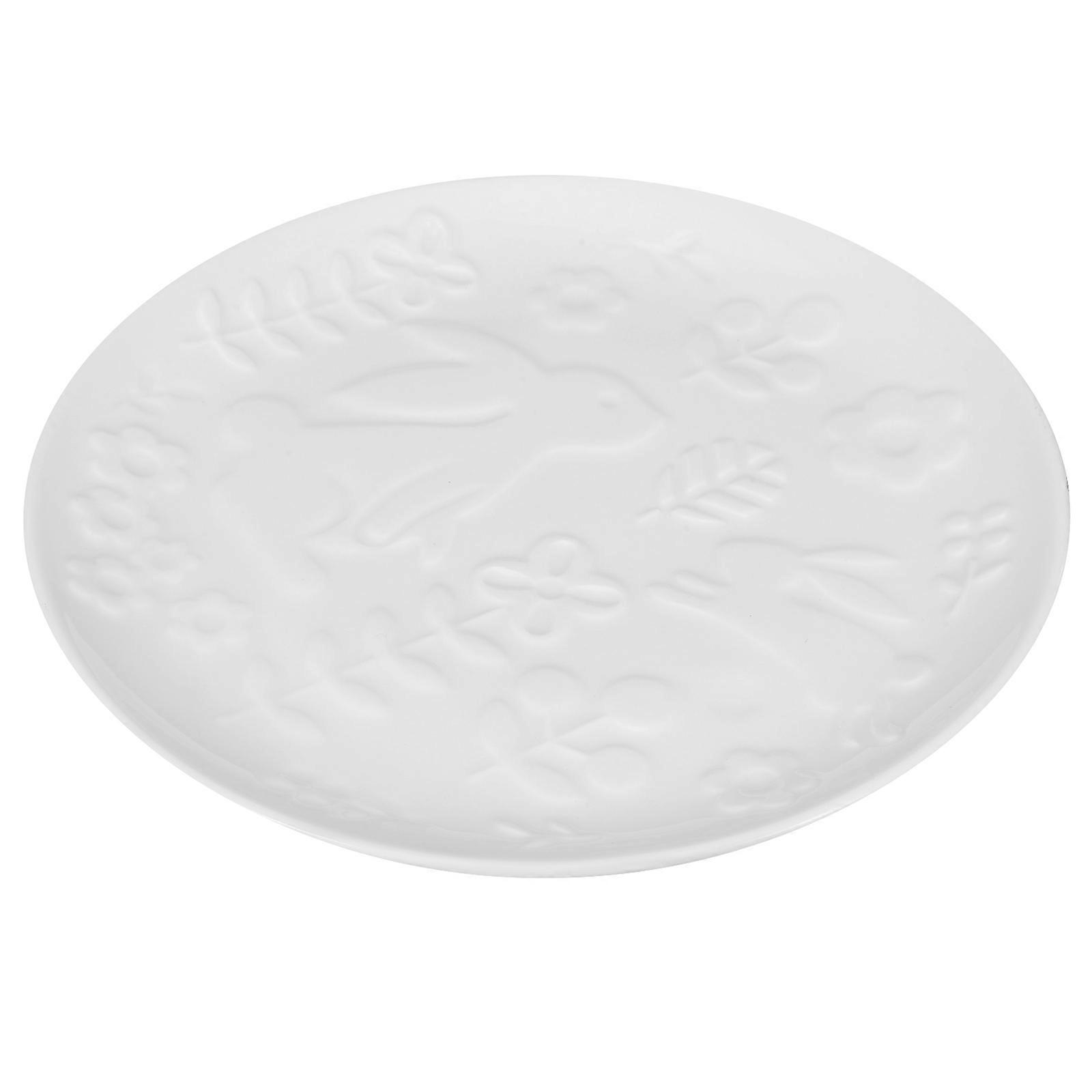 White Ceramic Plates for Storage Nordic Style Embossed Rabbit Pattern 4Pcs