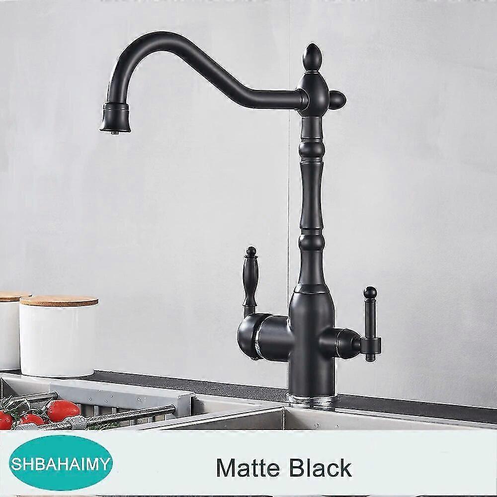 アンティーク真鍮フィルターキッチン蛇口飲用純水キッチンタップデッキマウントデュアルハンドル3ウェイ温水および冷水ミキサー