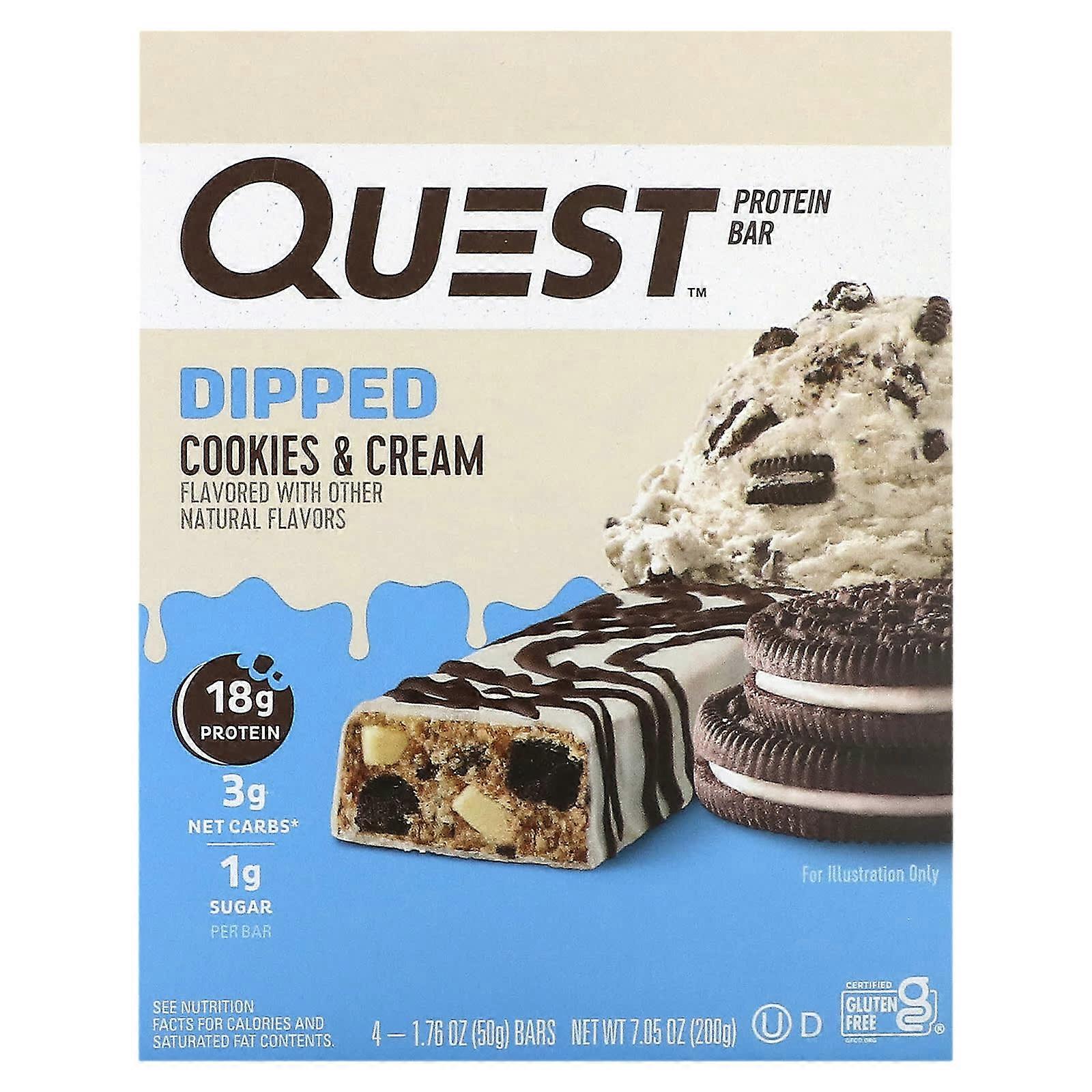 Protein Bar, Dipped Cookies & Cream, 4 Bars, 1.76 oz (50 g) Each