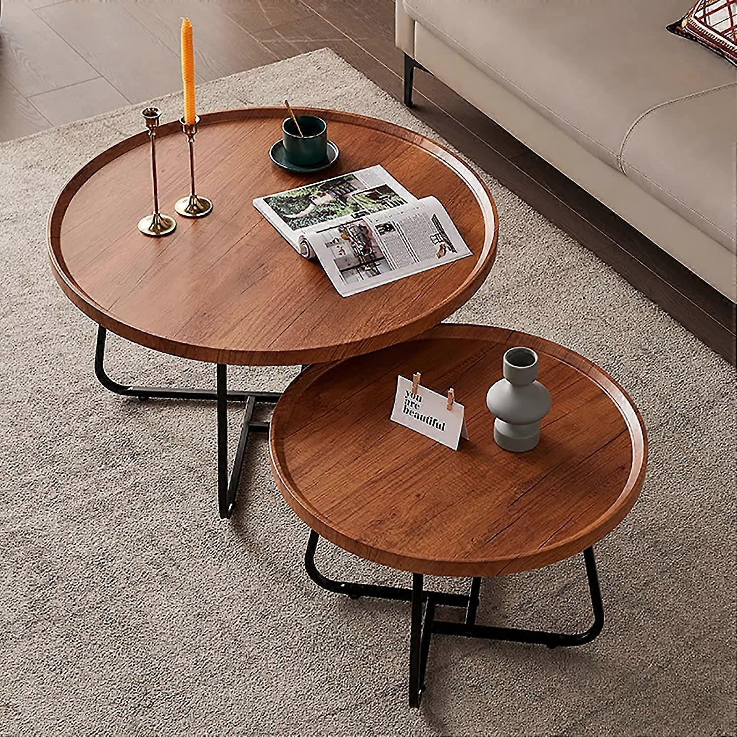 Modern Living Room Coffee Table Round Wood Nesting Tables Set Of 2 With Metal Legs For Small Spaces Light Brown