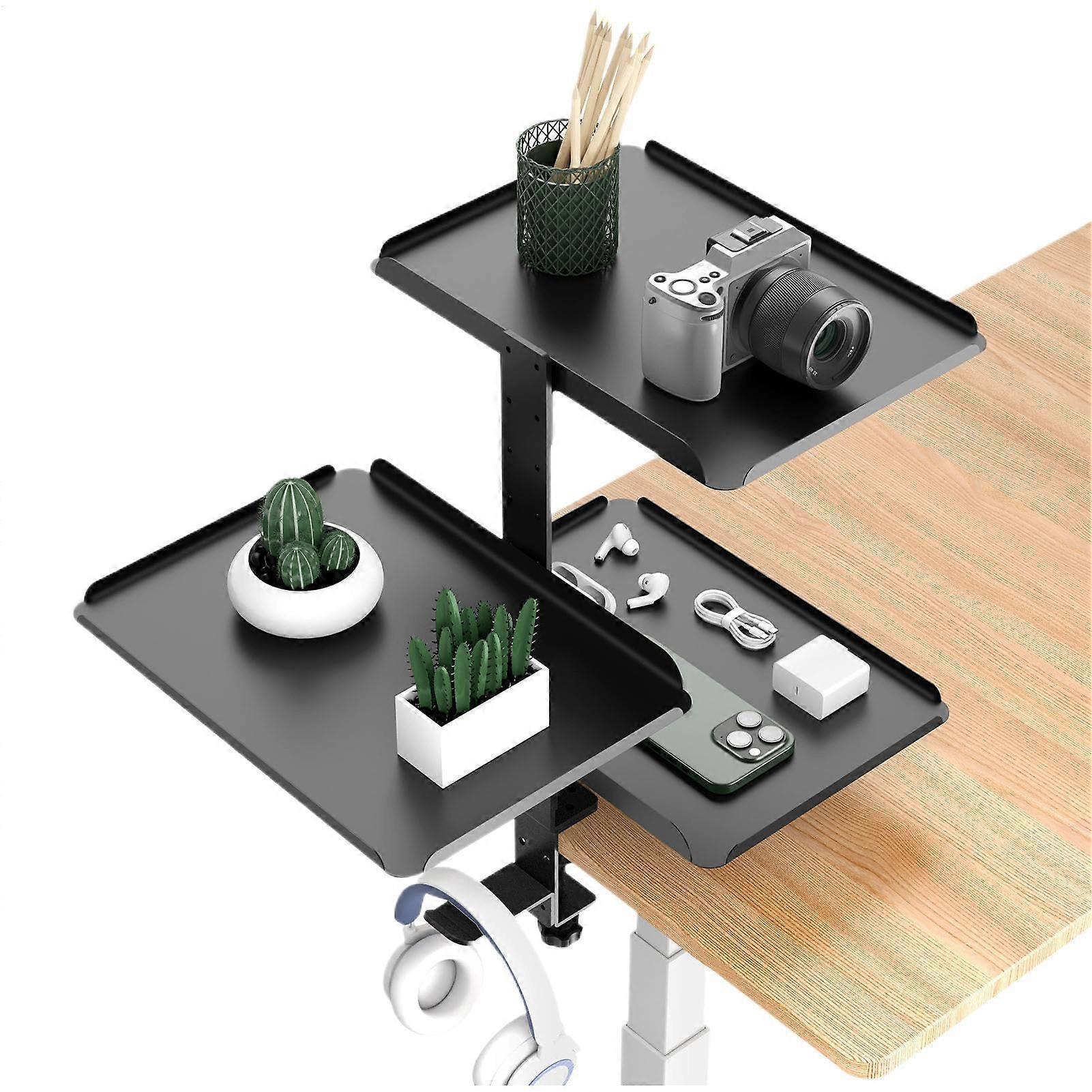 Under Desk Storage Shelf 3Tier ClampOn, Adjustable Height, Headphone Holder, NoPunch Standing Desk Compatible