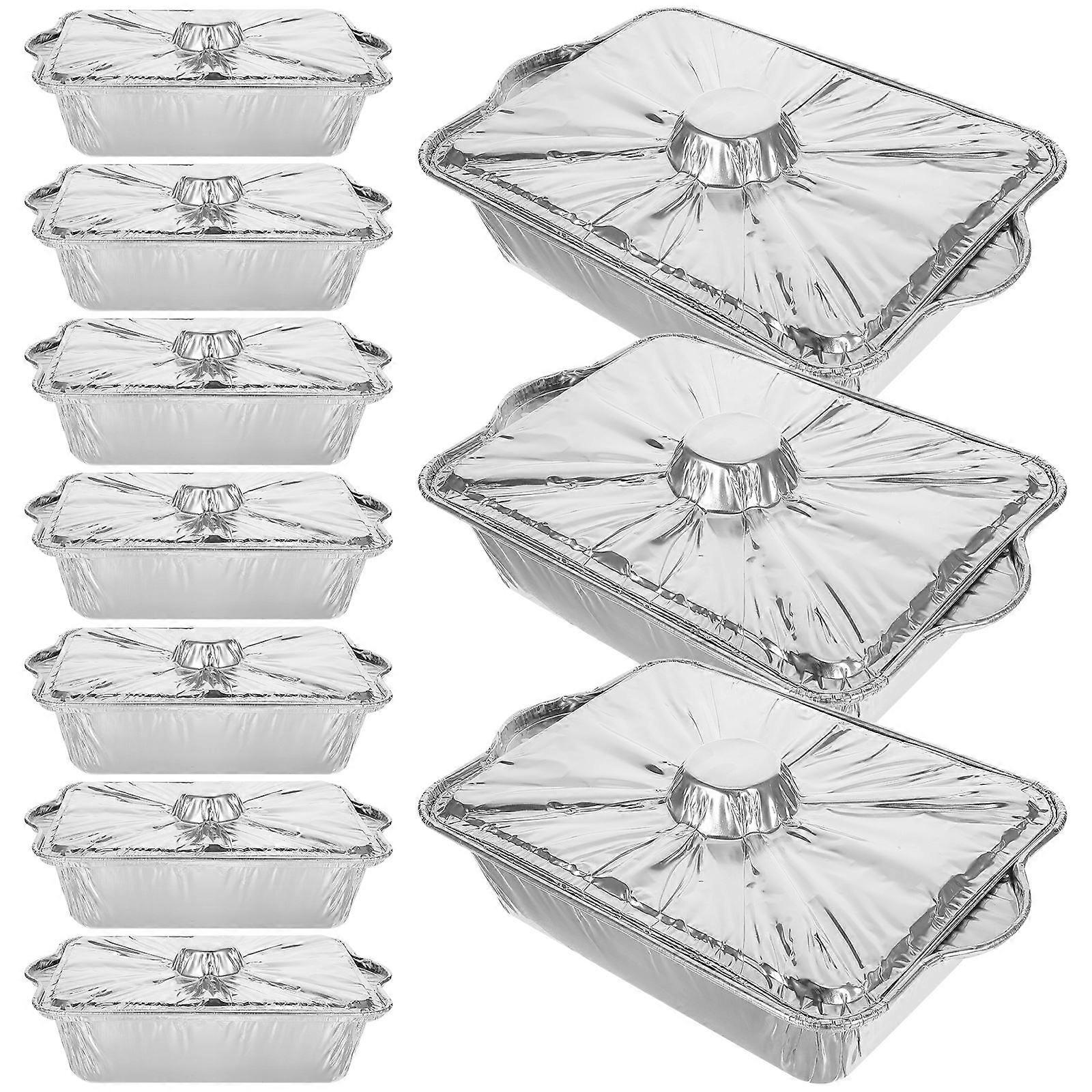 10 قطع أحواض رقائق الألومنيوم مع أغطية 2.5 لتر أحواض طهي ذات سعة كبيرة صينية خبز من الألومنيوم يمكن التخلص منها