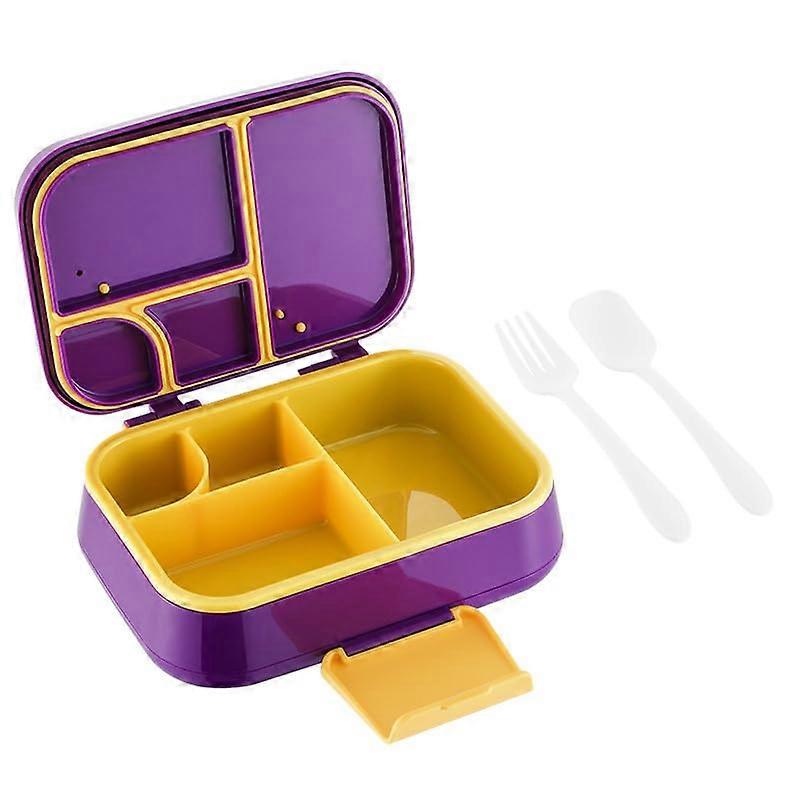 Kids Lunch Box LeakProof Meal Container with Utensils, DoubleLayer PP5 PE, 4 Compartments Yellow Purple