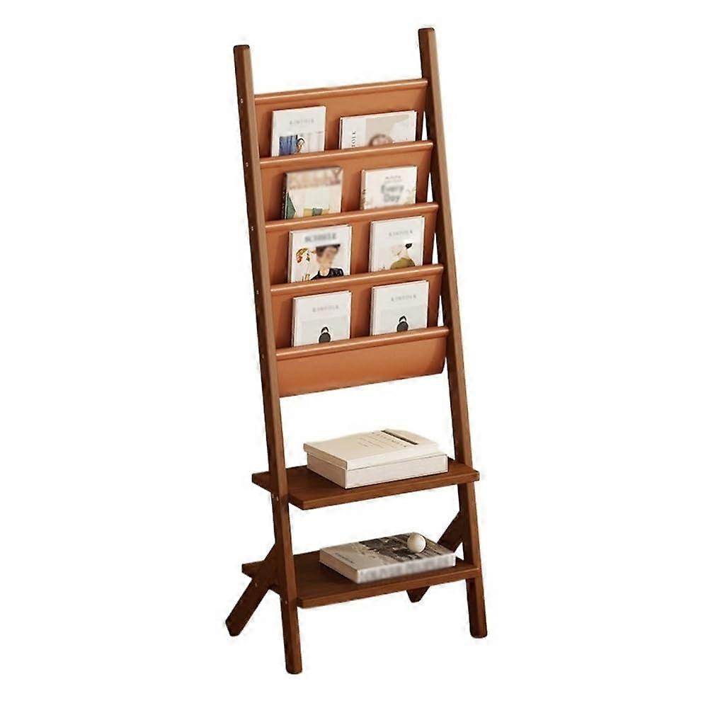 Small Walnut Floor to Ceiling Wooden Magazine Rack and Wall Mounted Newspaper Display Stand