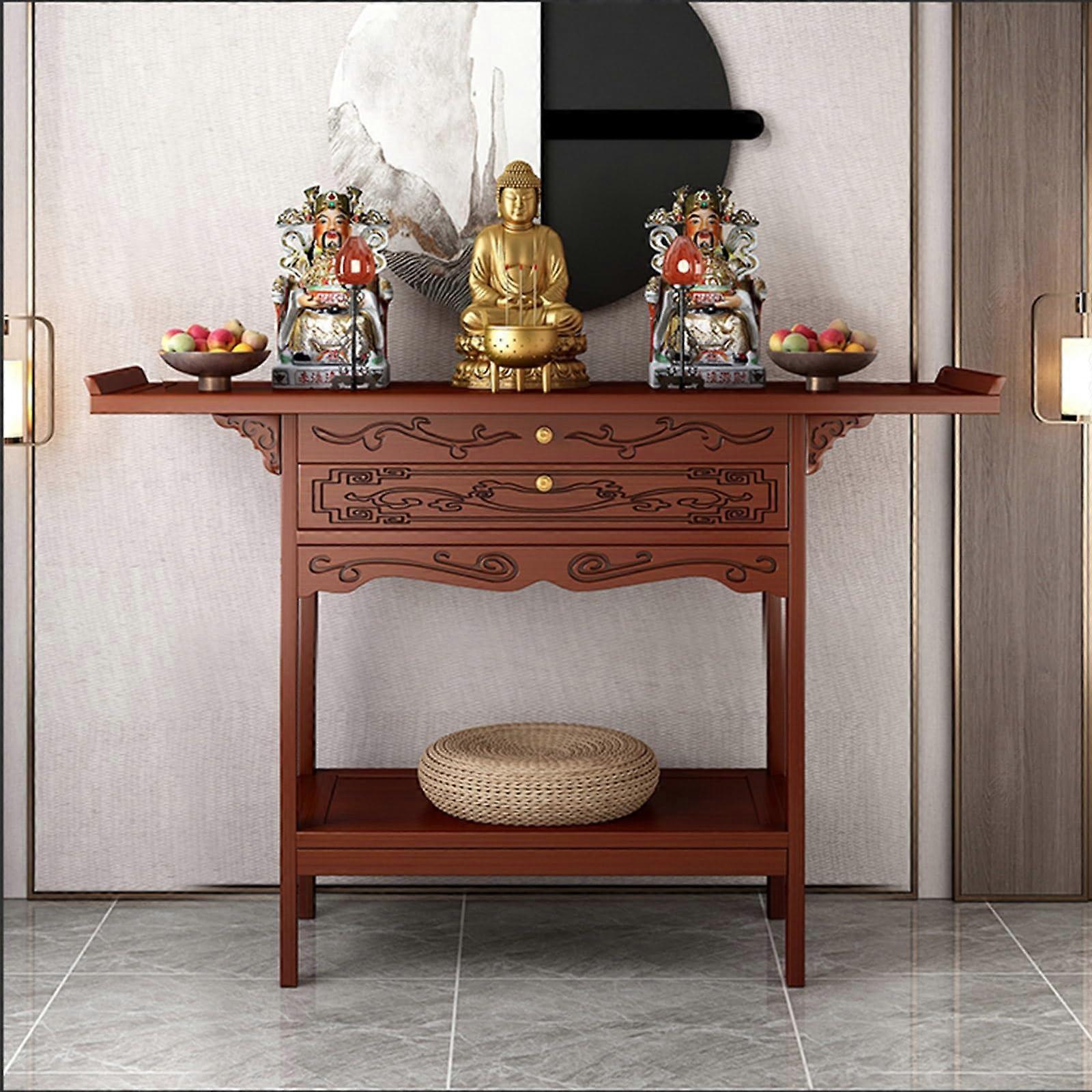 Buddhist Altar Table Bamboo Prayer Stand with Drawer Storage, Compact Meditation Shrine Red 39.4x15.7in