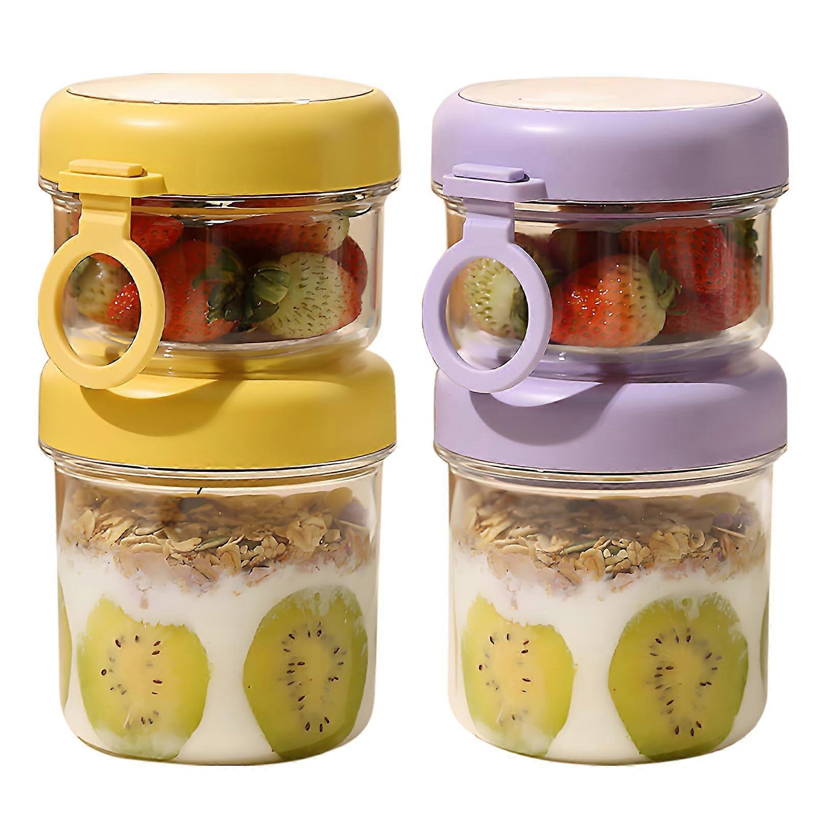 Snack Cup 29oz Yogurt Parfait Container, Dual Layer Leakproof Design with Fork and Handle, Yellow Purple