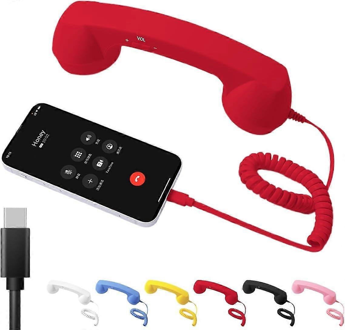 TypeC Retro Phone Handset with Mic, Wired Vintage Telephone Receiver, Noise Reduction, Red