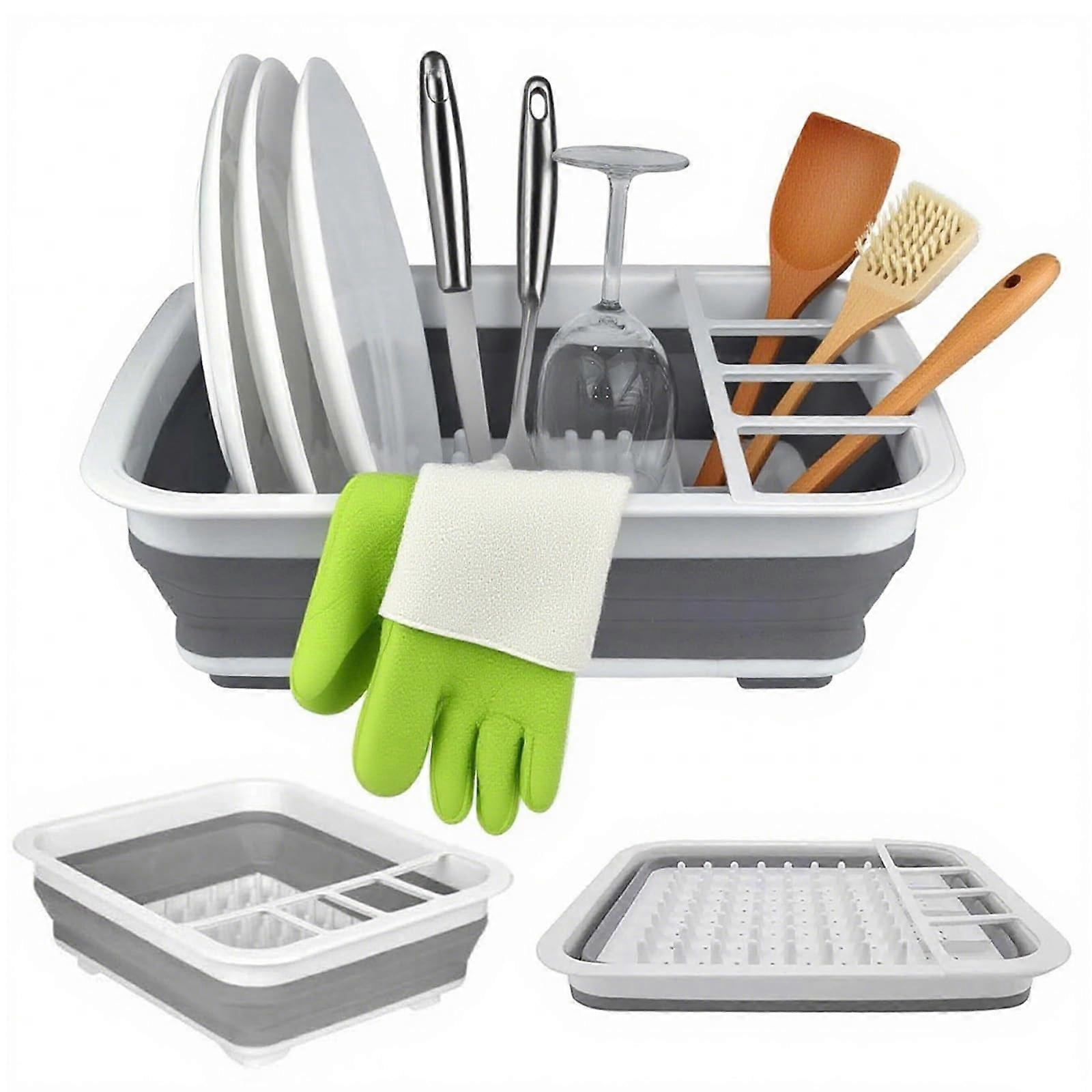 Collapsible Dish Drying Rack with Utensil Holder, Foldable SpaceSaving Drainer for Kitchen, RV, Camping