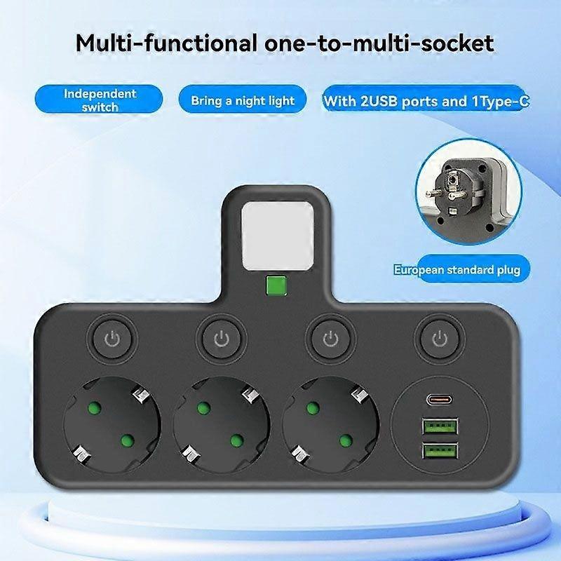 EU Plug Power Strip with 3 AC Outlets +2 USB Ports+1 Type C,with Light Plug Socket Adapter Wall Cha
