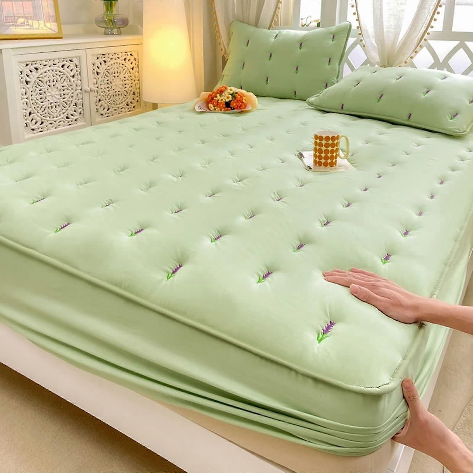 Green Bed Sheet Set with Pillowcases, Polyester Lavender Pattern, Large 78x86in Fabric Cover