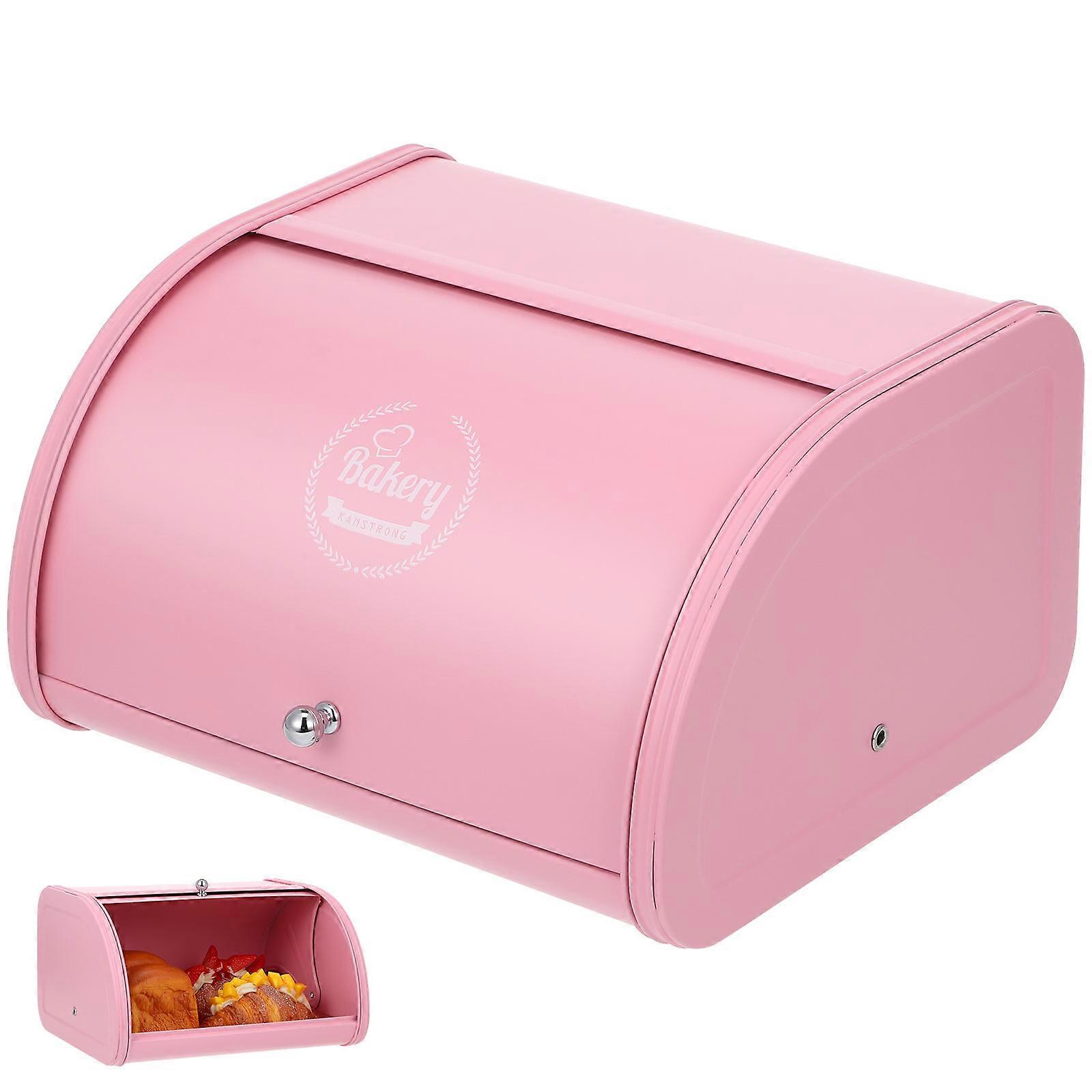 Iron Bread Box for Kitchen Storage Pink Rustproof Roll Door